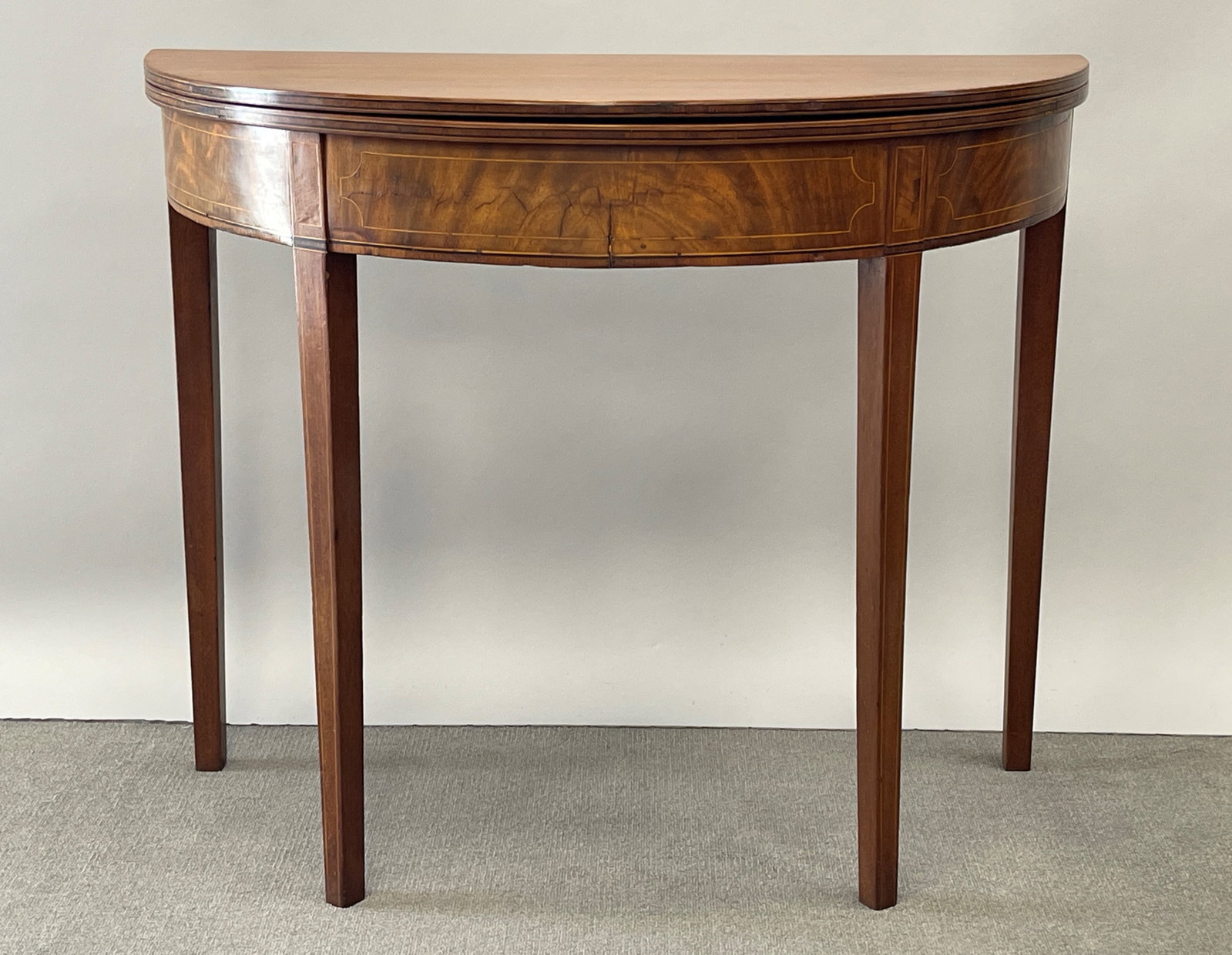 HEPPLEWHITE INLAID DEMILUNE CARD TABLE WITH DOUBLE SWING LEGS: HEPPLEWHITE INLAID DEMILUNE CARD TABLE WITH DOUBLE SWING LEGS