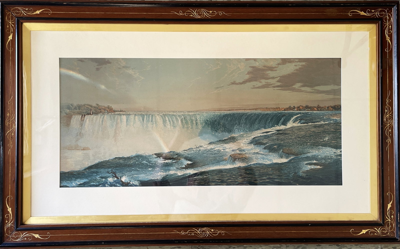 LATE 19TH CENTURY COLOR PRINT OF NIAGARA FALLS: LATE 19TH CENTURY COLOR PRINT OF NIAGARA FALLS WILLIAM SCHAUS , PUBLISHER 30" X 49" ORIGINAL LABEL EASTLAKE FRAME