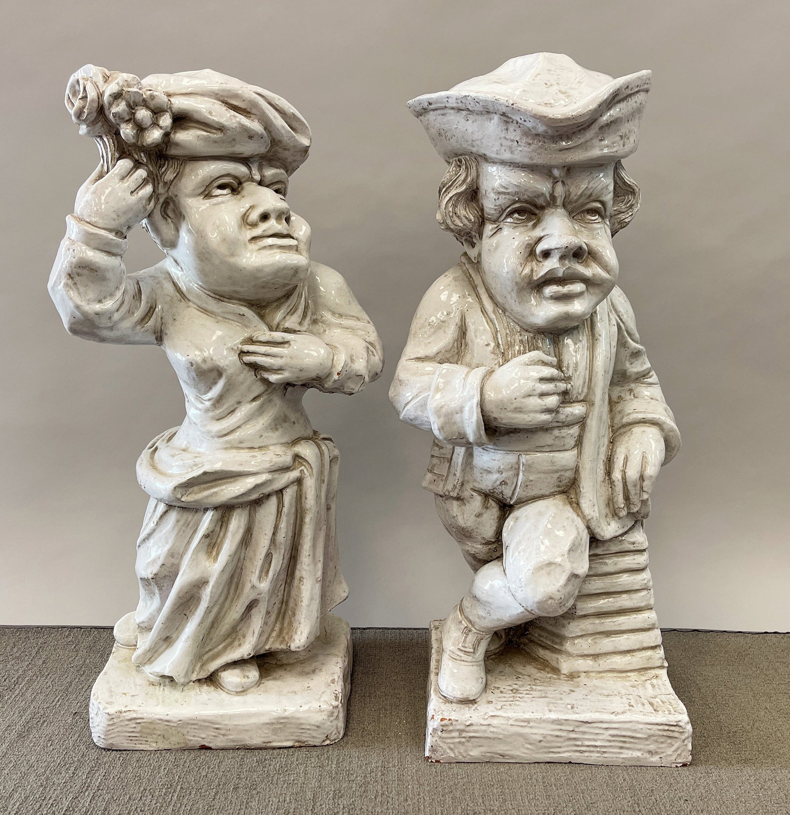 PAIR OF TERRACOTTA ENAMEL GLAZE CHARACTER'S: PAIR OF TERRACOTTA ENAMEL GLAZE CHARACTER'S 27"
