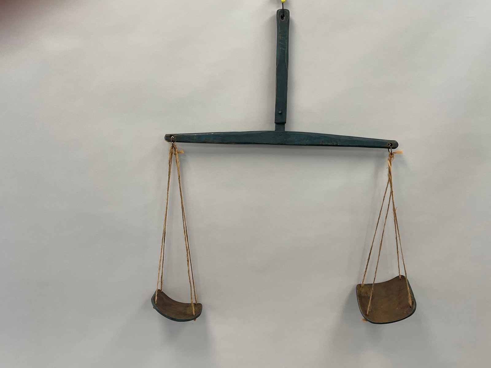 LATE 18THC WOODEN CHEESE SCALE IN FRENCH BLUE PAINT (1 of 4)