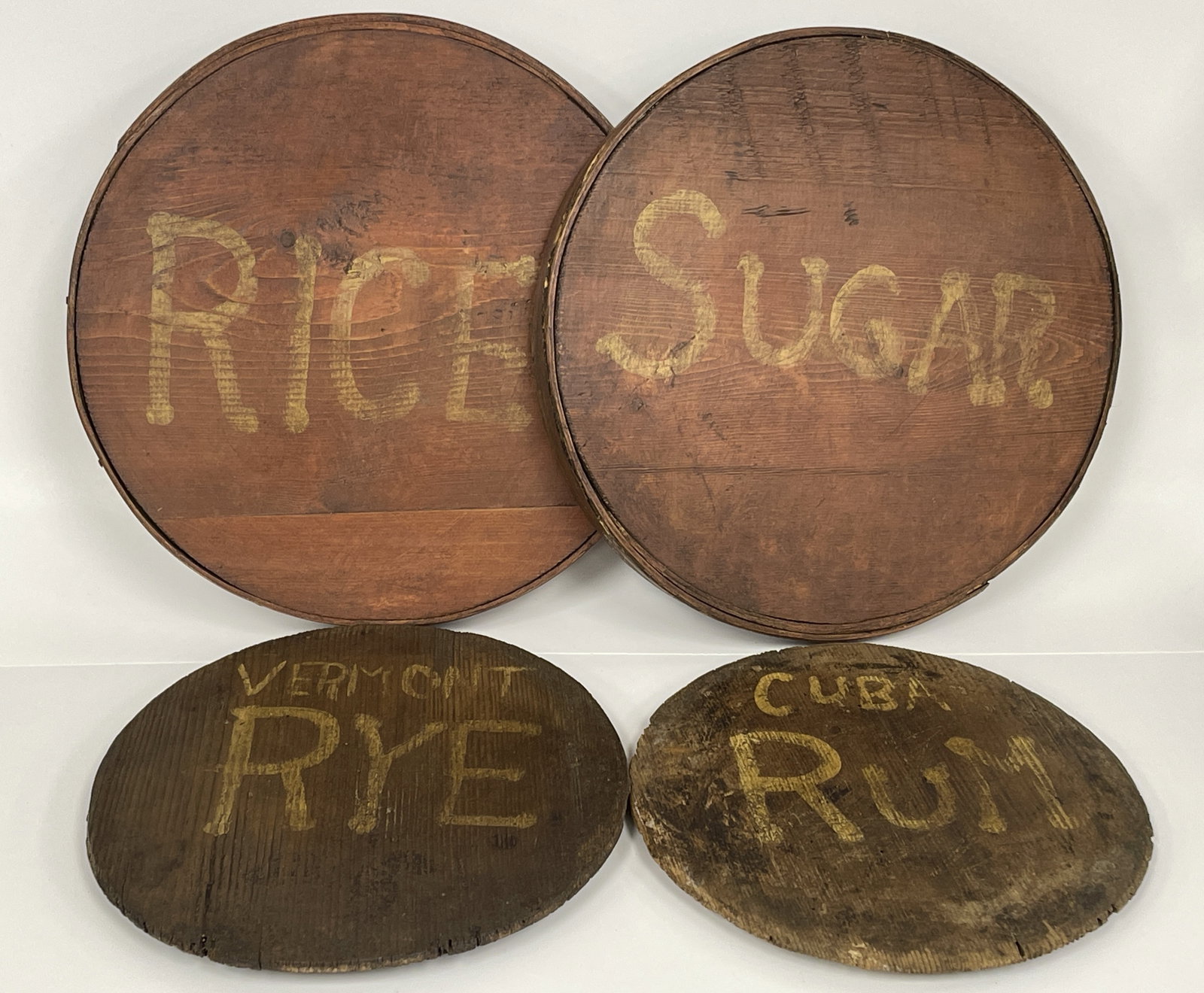 2 FIRKIN & 2 BARREL LIDS W/ PAINTED CONTENTS LABELS (1 of 5)