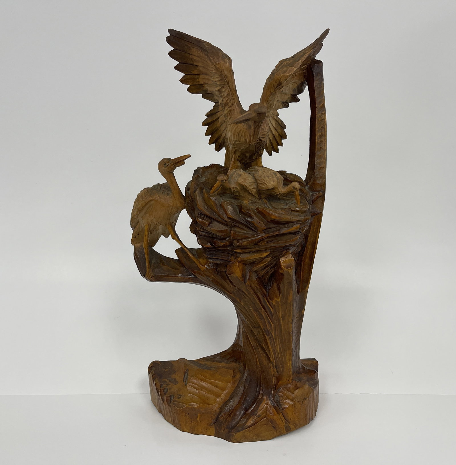 WELL EXECUTED WOOD CARVING OF A COUPLE CRANES IN A TREE FORM NEST (1 of 6)