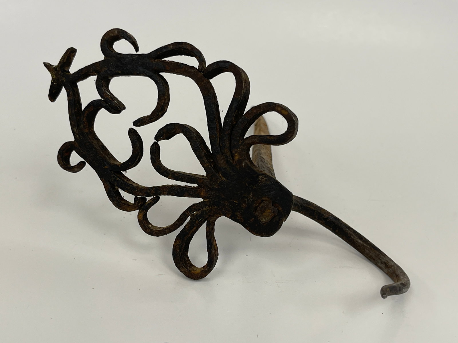 FABULOUS BEAM HOOK W/ VERY UNUSUAL TREE-FORM FILIGREE FORGED IRON DECORATION: FABULOUS BEAM HOOK W/ VERY UNUSUAL TREE-FORM FILIGREE FORGED IRON DECORATION