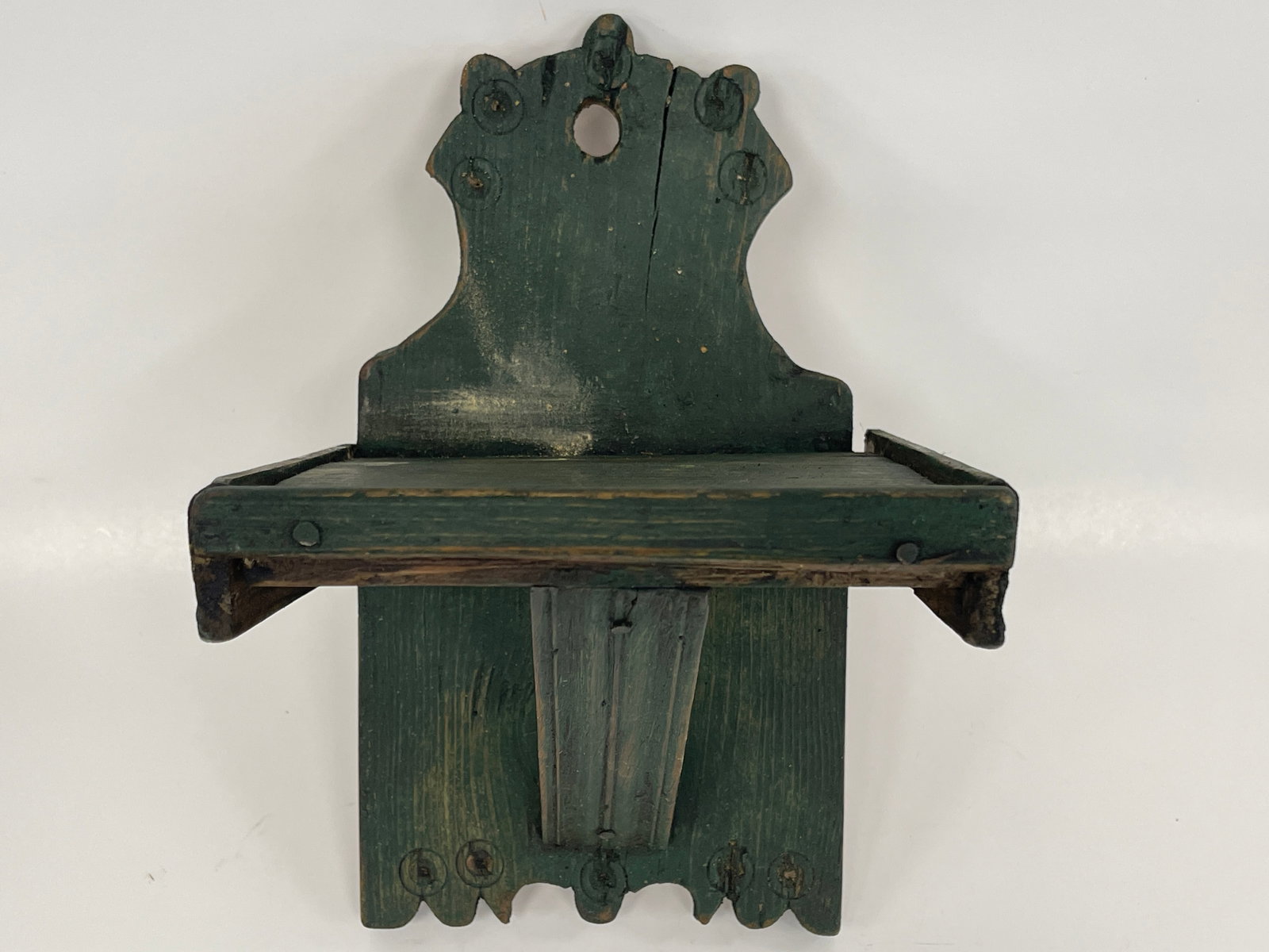 OLD GREEN PAINTED WOODEN HANGING CANDLESTICK HOLDER SHELF (1 of 7)