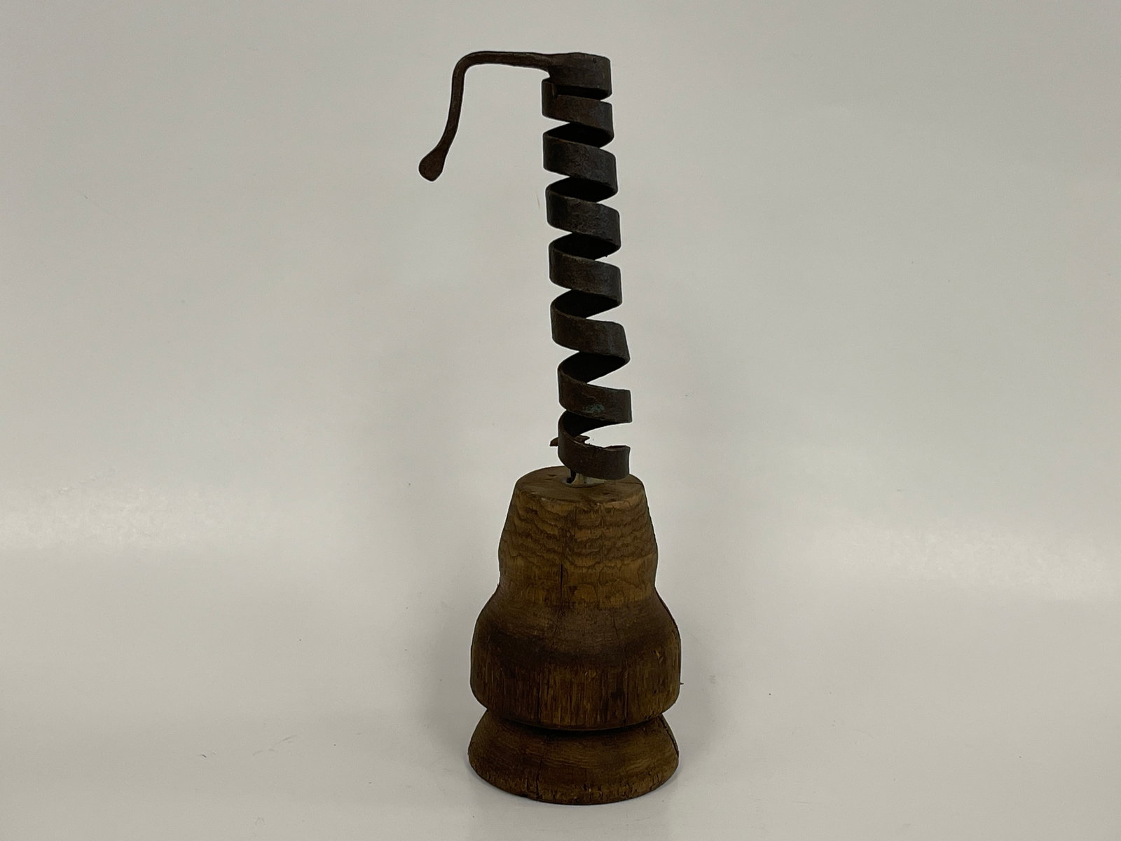 VERY EARLY IRON SPIRAL SHAFTED, WOOD BASE, CANDLESTICK (1 of 4)