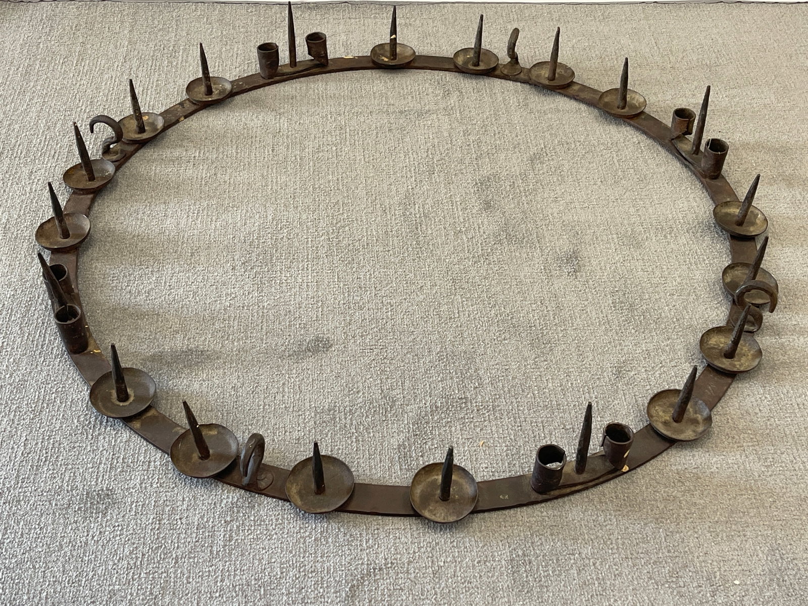 LARGE BLACKSMITH MADE CANDLE & PRICKETT, CHAIN HUNG ROUND CHANDELIER FROM A FRENCH CHATEAU: LARGE BLACKSMITH MADE CANDLE & PRICKETT, CHAIN HUNG ROUND CHANDELIER FROM A FRENCH CHATEAU