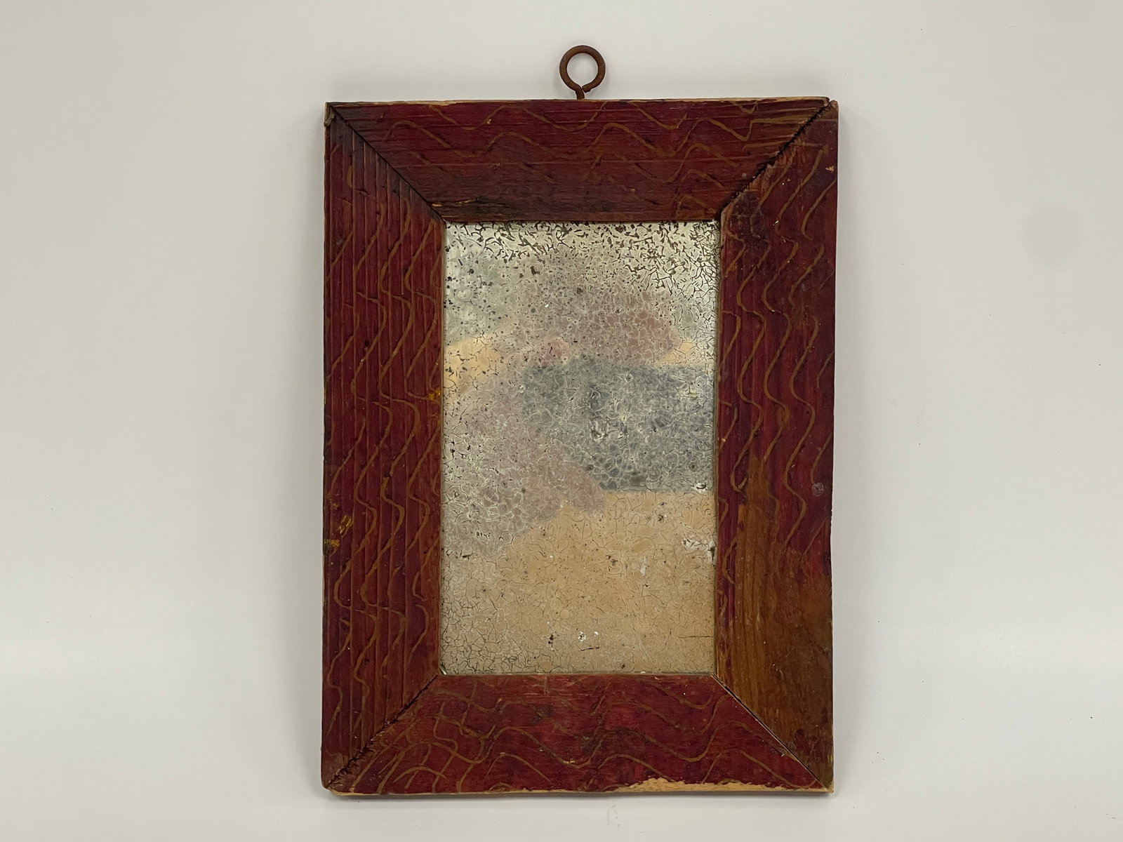 SWEET, OLD PAINT MINIATURE MIRROR W/ FABULOUS EARLY GLASS: SWEET, OLD PAINT MINIATURE MIRROR W/ FABULOUS EARLY GLASS