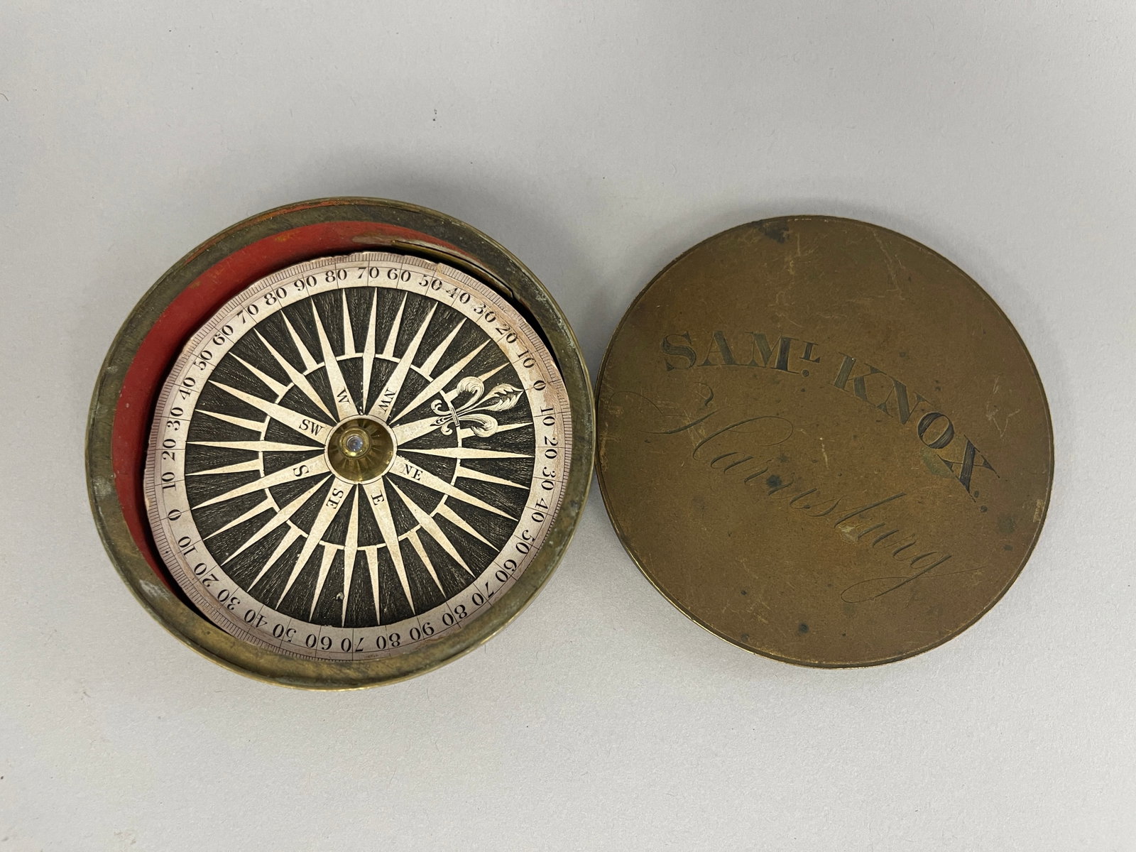 UNUSUAL BRASS BOXED COMPASS SIGNED ON TOP & BOTTOM: UNUSUAL BRASS BOXED COMPASS SIGNED ON TOP & BOTTOM