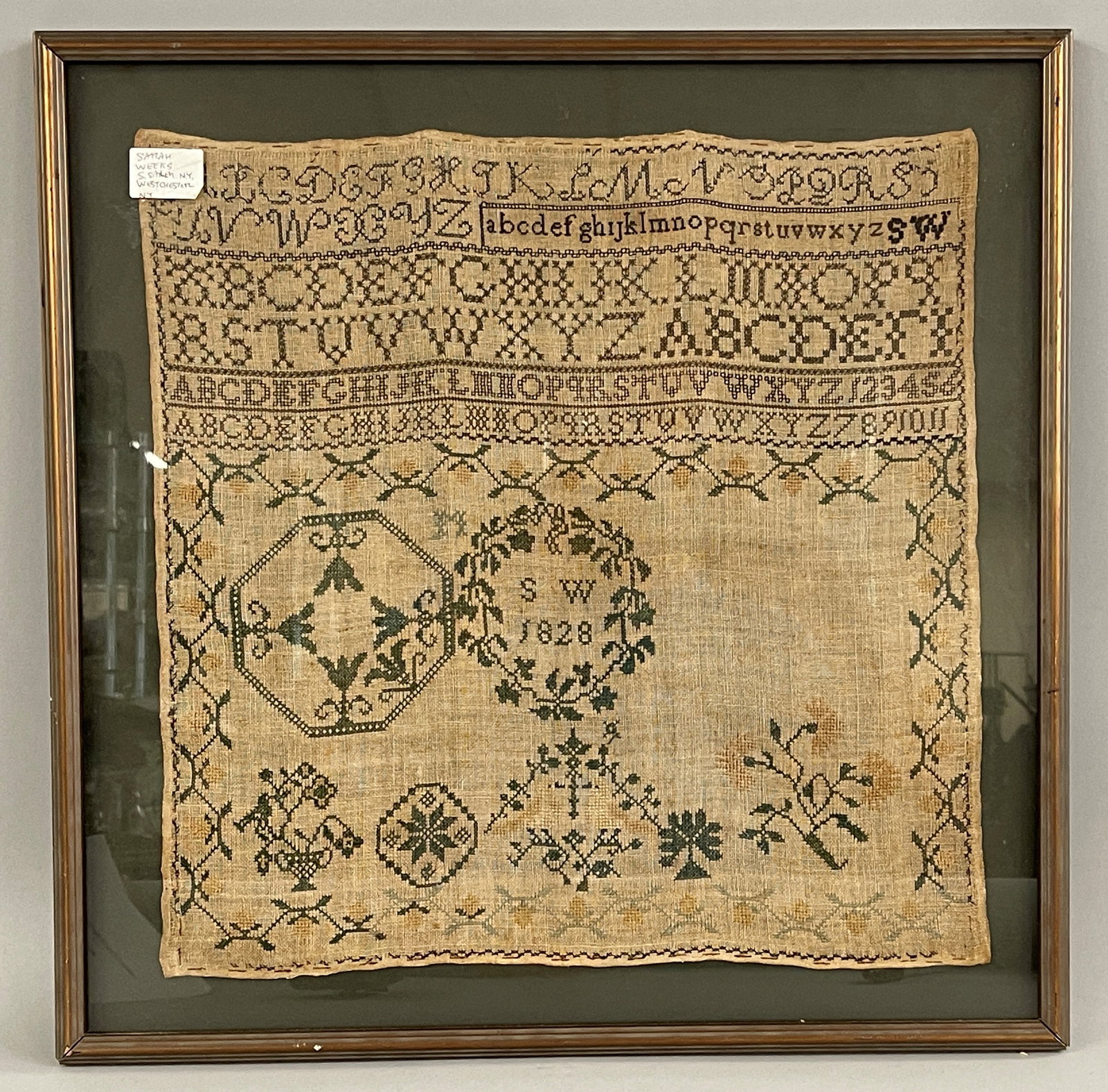 UNUSUAL QUAKER SAMPLER W/ NEAT MOTIFS, NAME, DATE, ETC: UNUSUAL QUAKER SAMPLER W/ NEAT MOTIFS, NAME, DATE, ETC