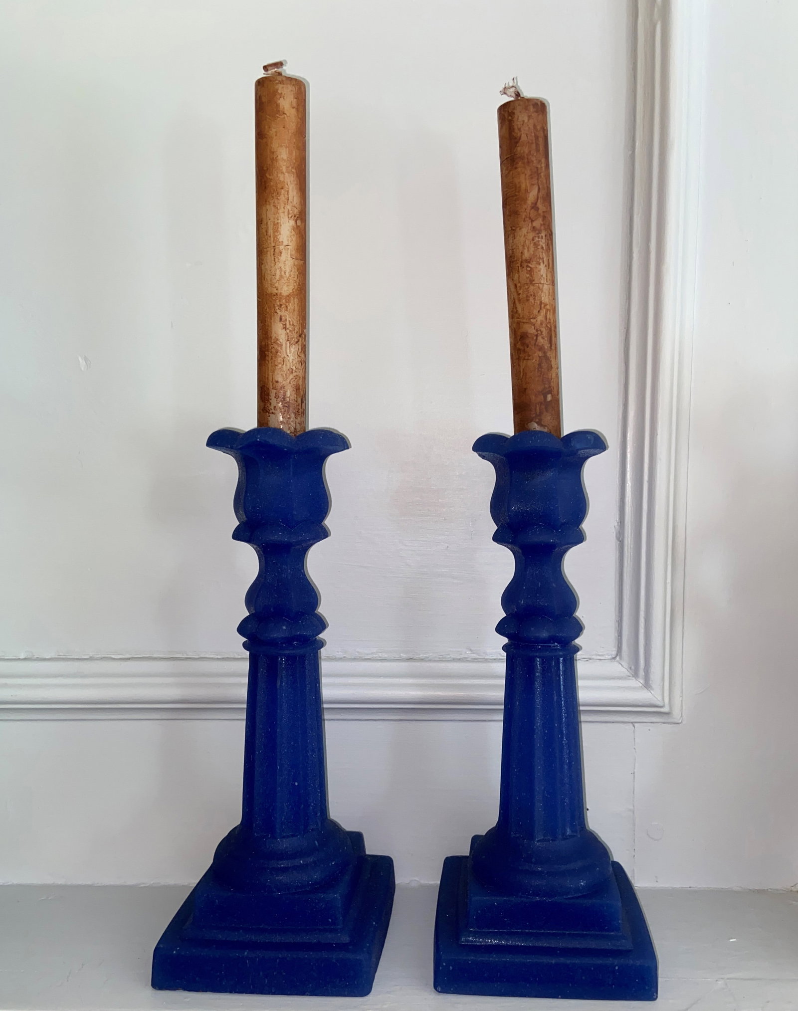 VASELINE GLASS MATTED BLUE CANDLESTICKS (1 of 2)