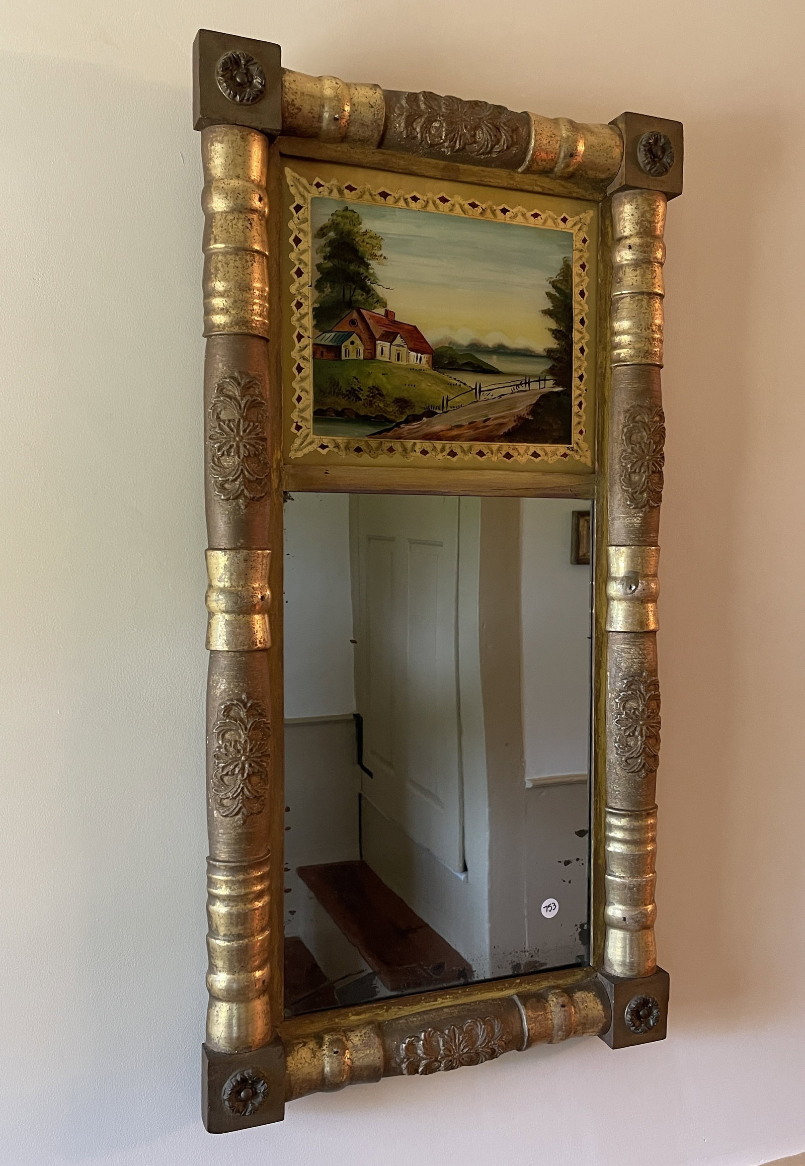 GOLD GILT MIRROR: GOLD GILT MIRROR REVERSE GLASS HOMESTEAD SCENE 17" X 33"