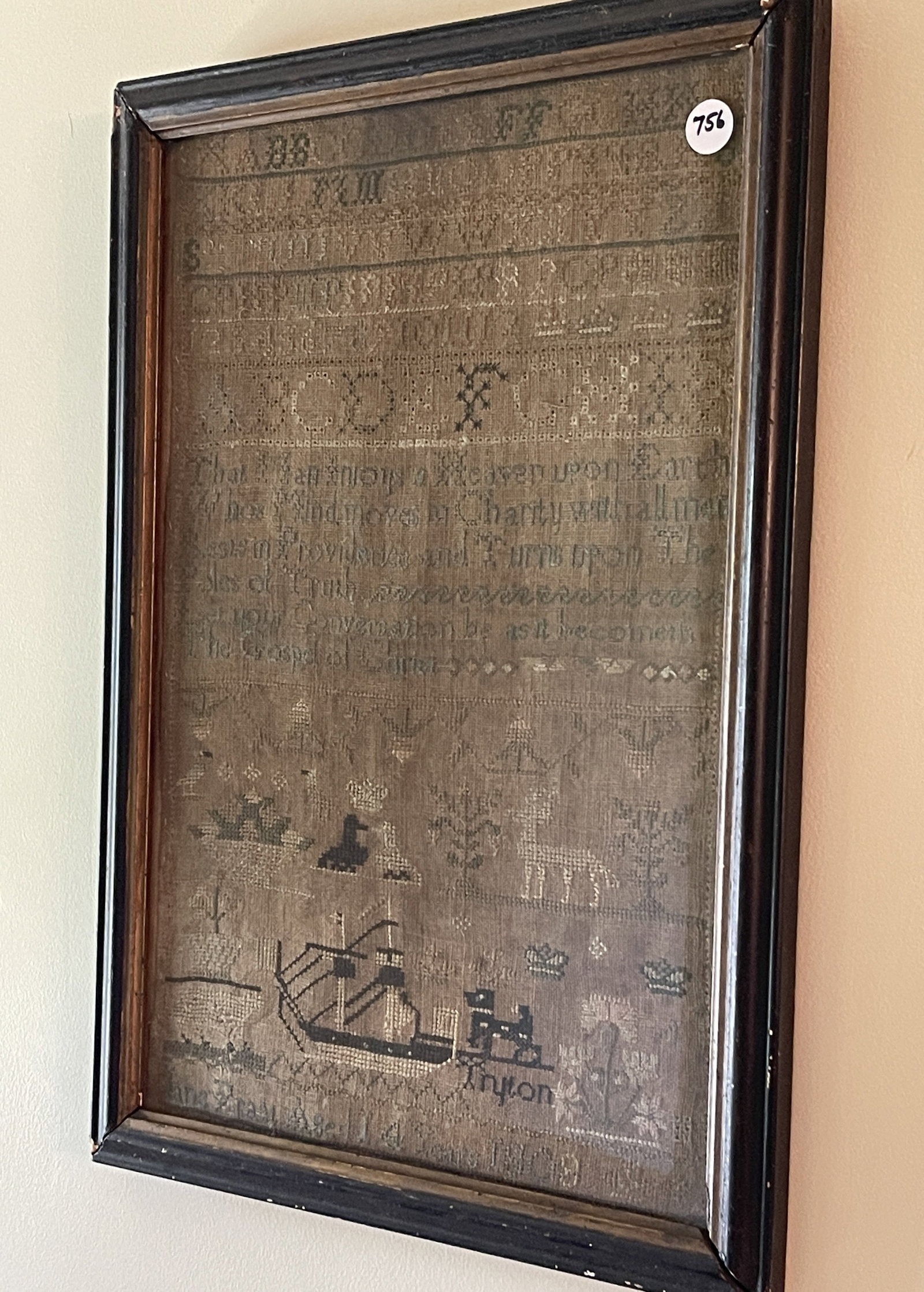 1809 NEEDLEWORK SAMPLER W/ SHIP , ANIMALS , TREES - 2