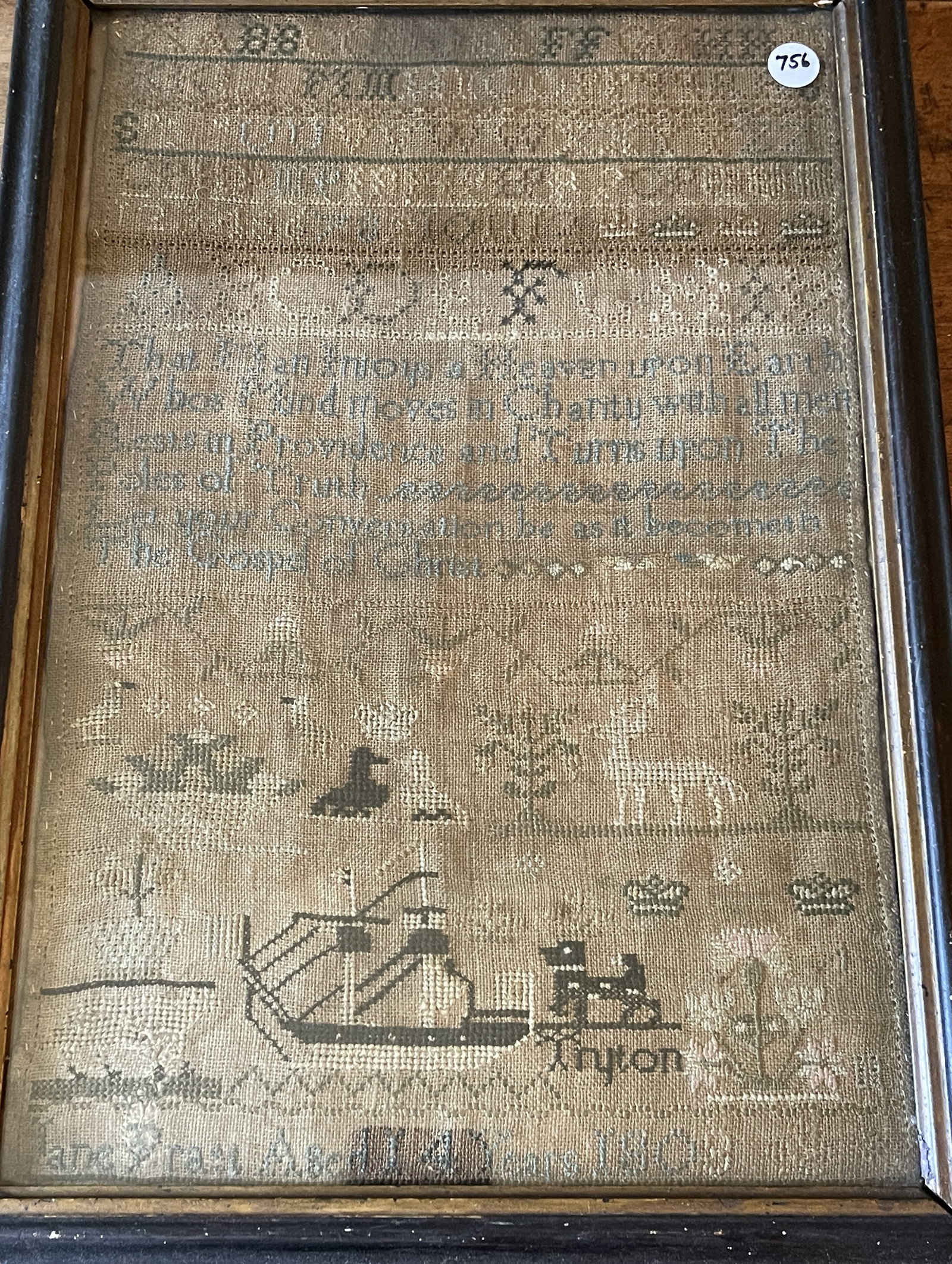 1809 NEEDLEWORK SAMPLER W/ SHIP , ANIMALS , TREES - 4