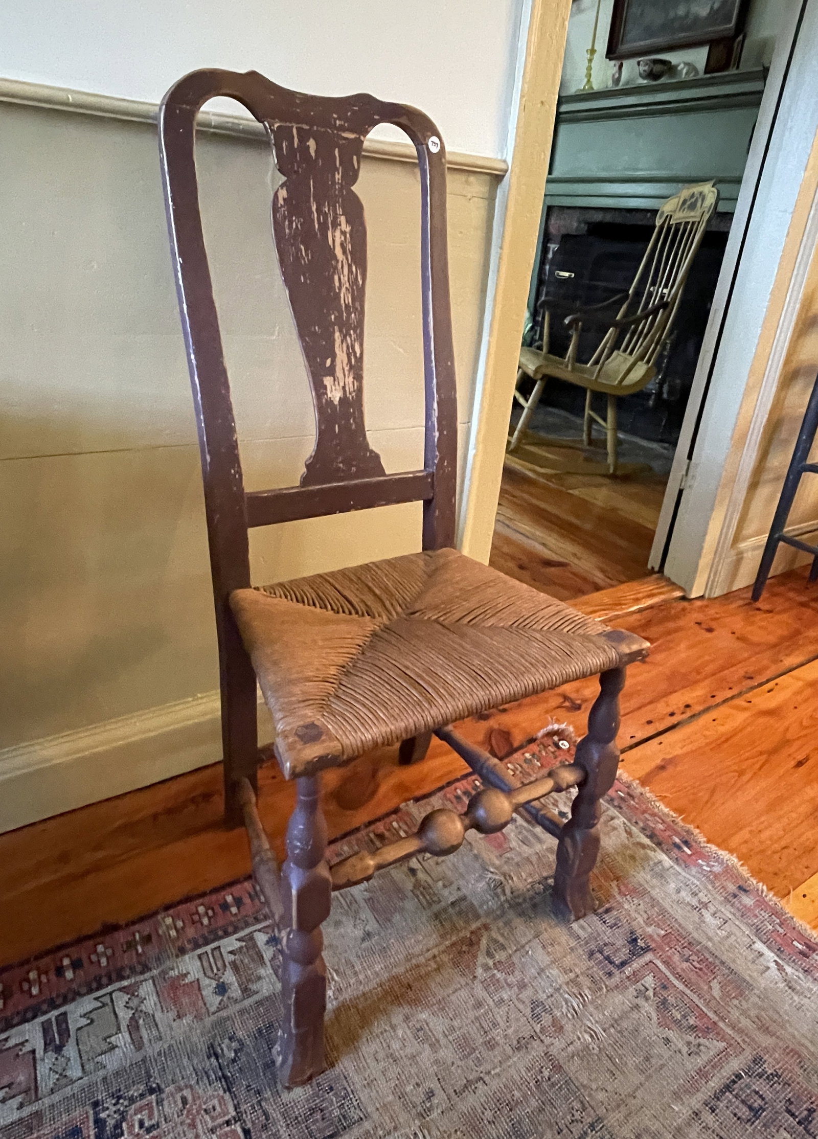 18TH C QA SIDE CHAIR RUSH SEAT RED PAINT: 18TH C QA SIDE CHAIR RUSH SEAT RED PAINT 40" X 18"
