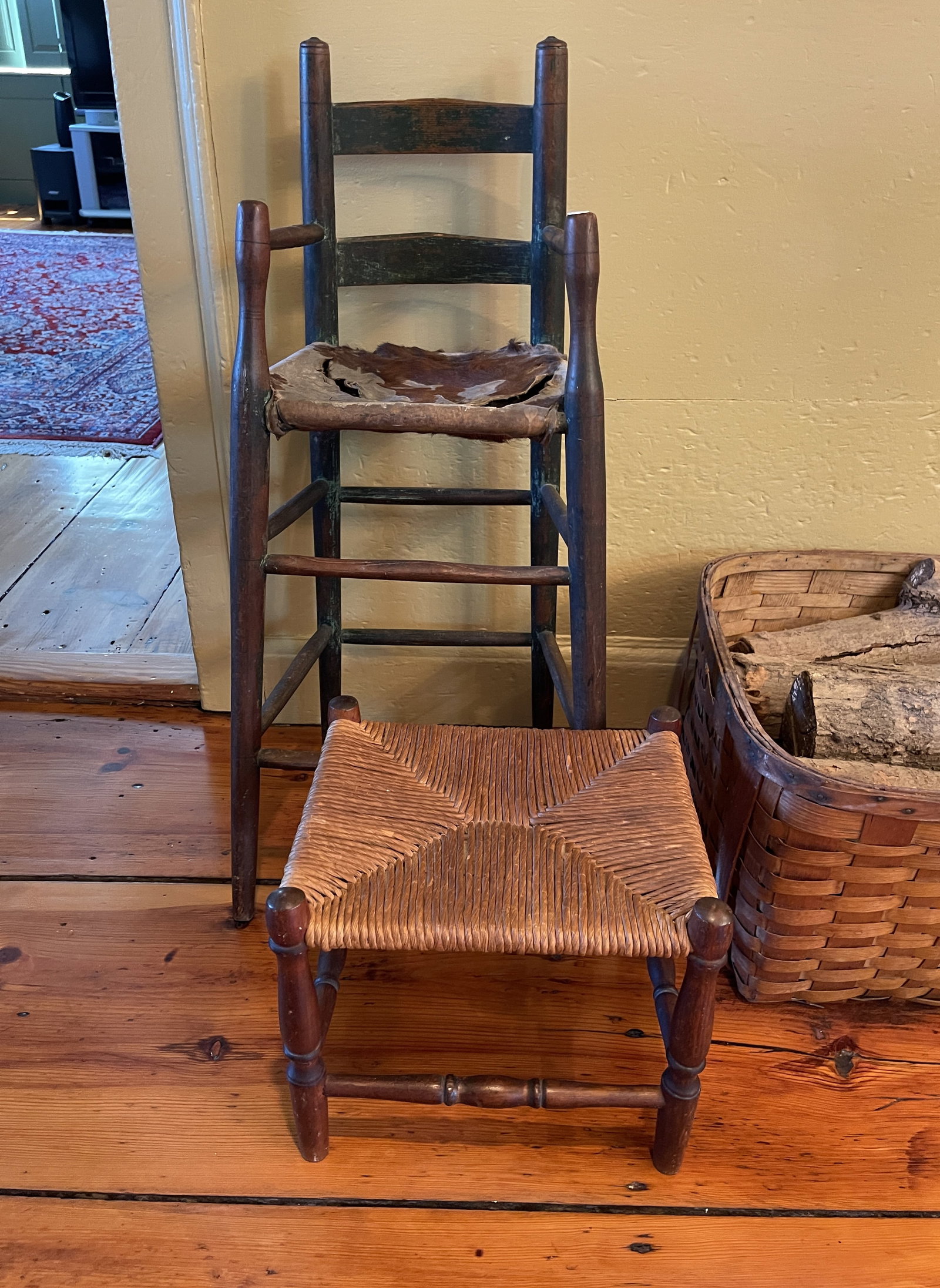 EARLY CHILD CHAIR WITH LEATHER SEAT FOOTSTOOL W/ RUSH SEAT & FOOTSTOOL W RUSHED SEAT (1 of 2)