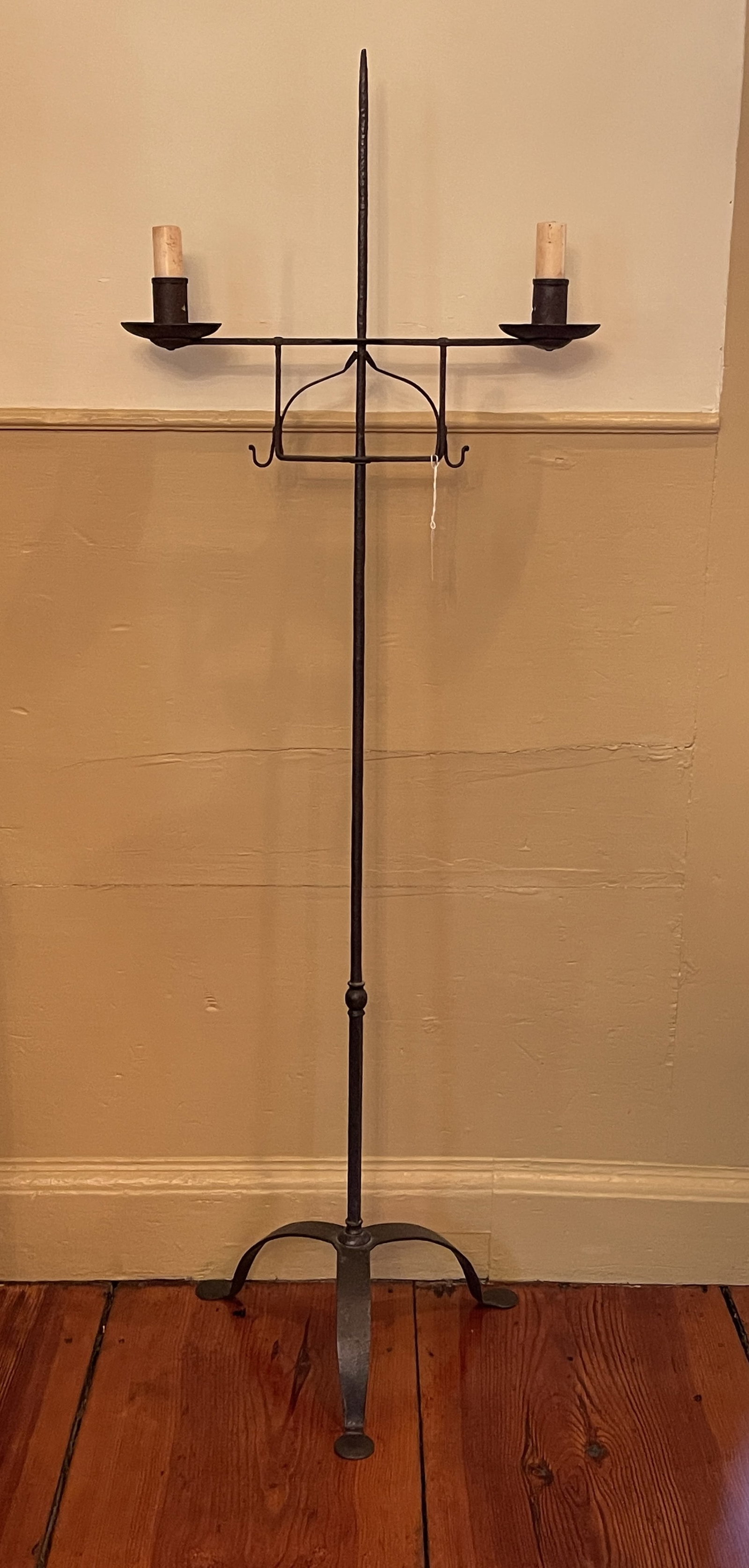 EARLY IRON DOUBLE CANDLE STANDARD: EARLY IRON DOUBLE CANDLE STANDARD 52" X 18"