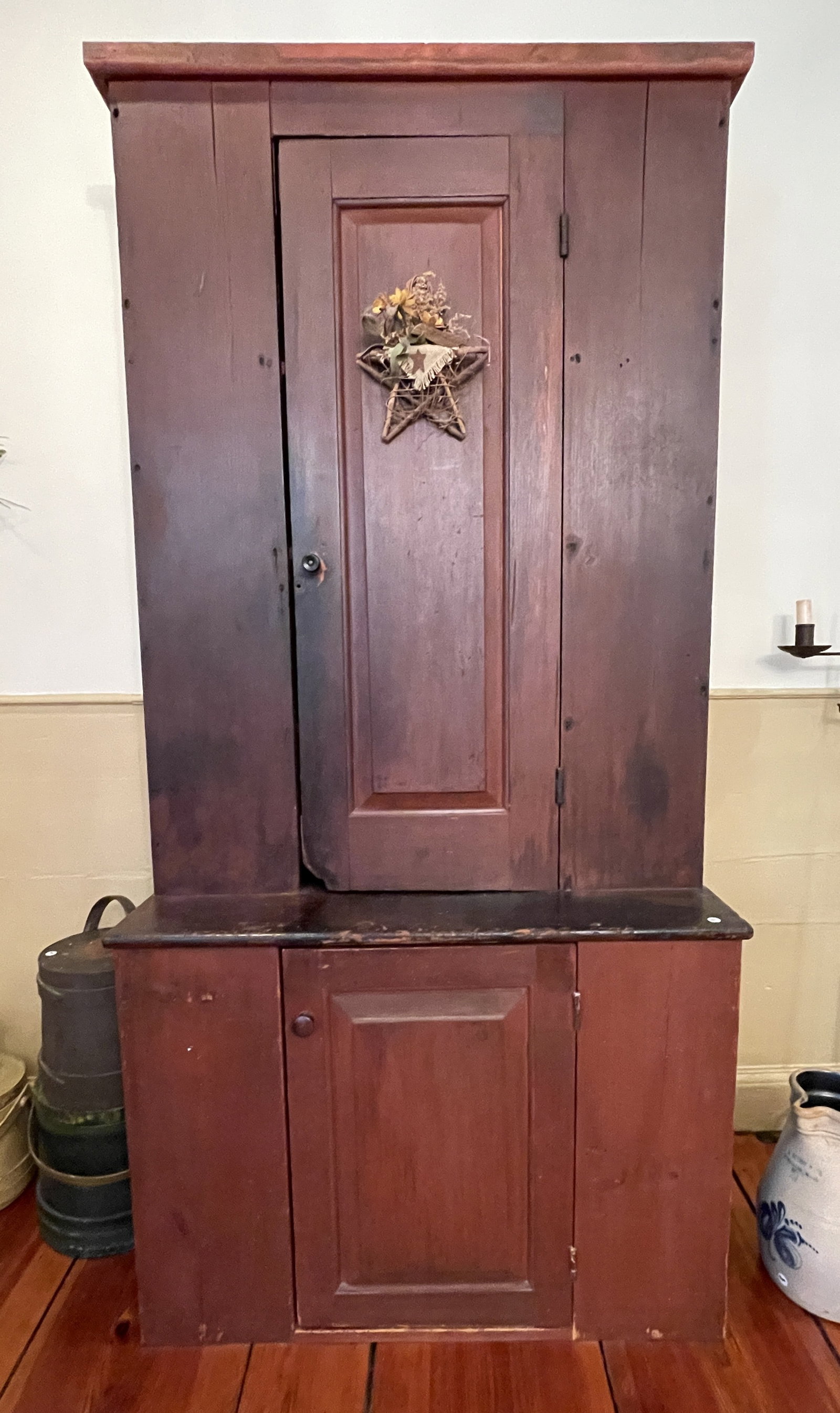 EARLY RED PAINTED CUPBOARD: EARLY RED PAINTED CUPBOARD 36" X 18" X 77"