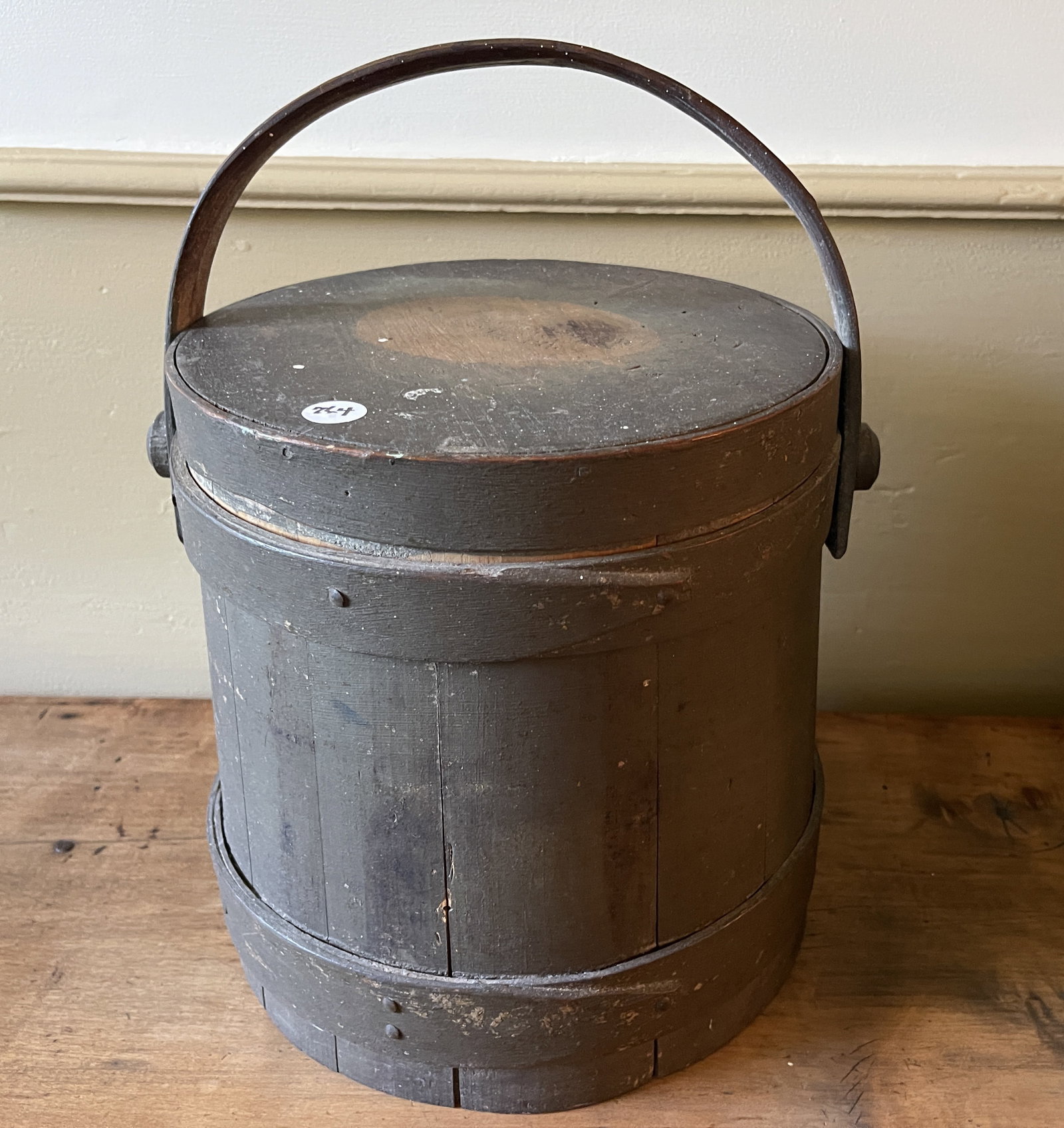 19TH C GREEN PAINTED FIRKIN: 19TH C GREEN PAINTED FIRKIN 9" X 10"