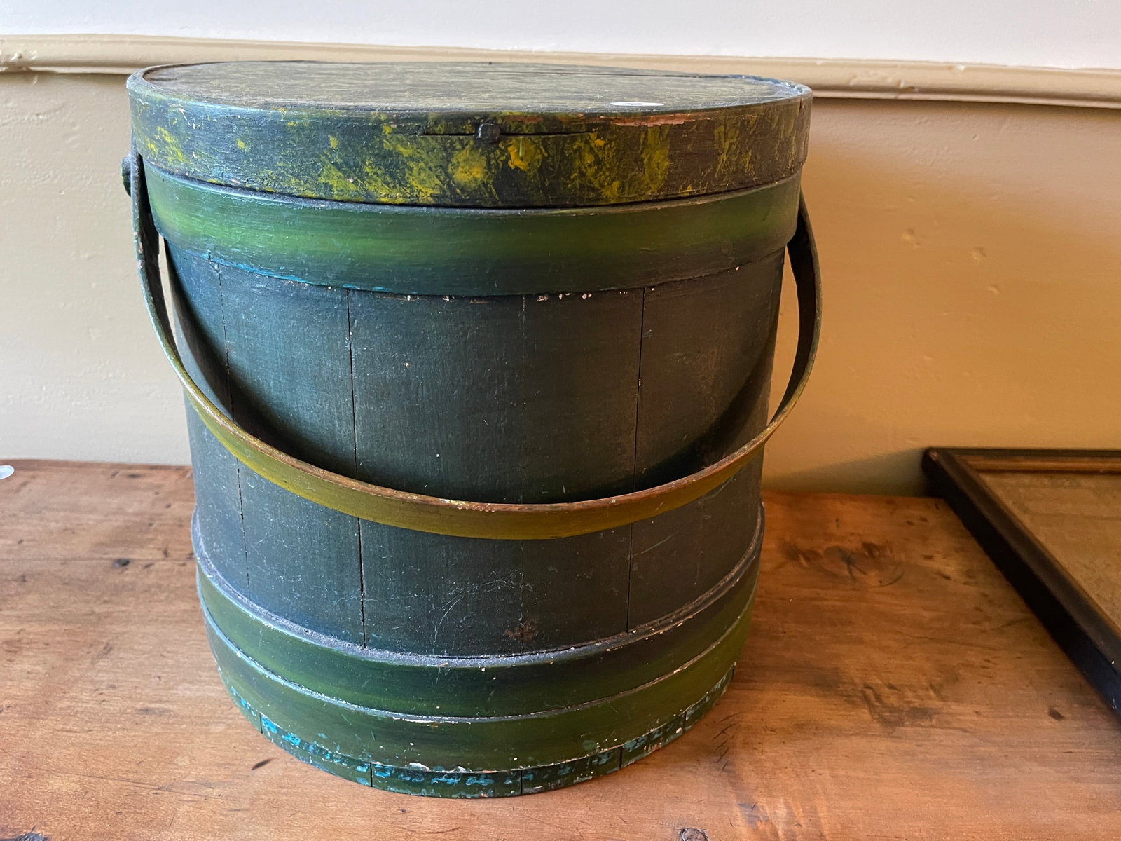 GREEN PAINTED FIRKIN SPONGE DECORATED (1 of 3)