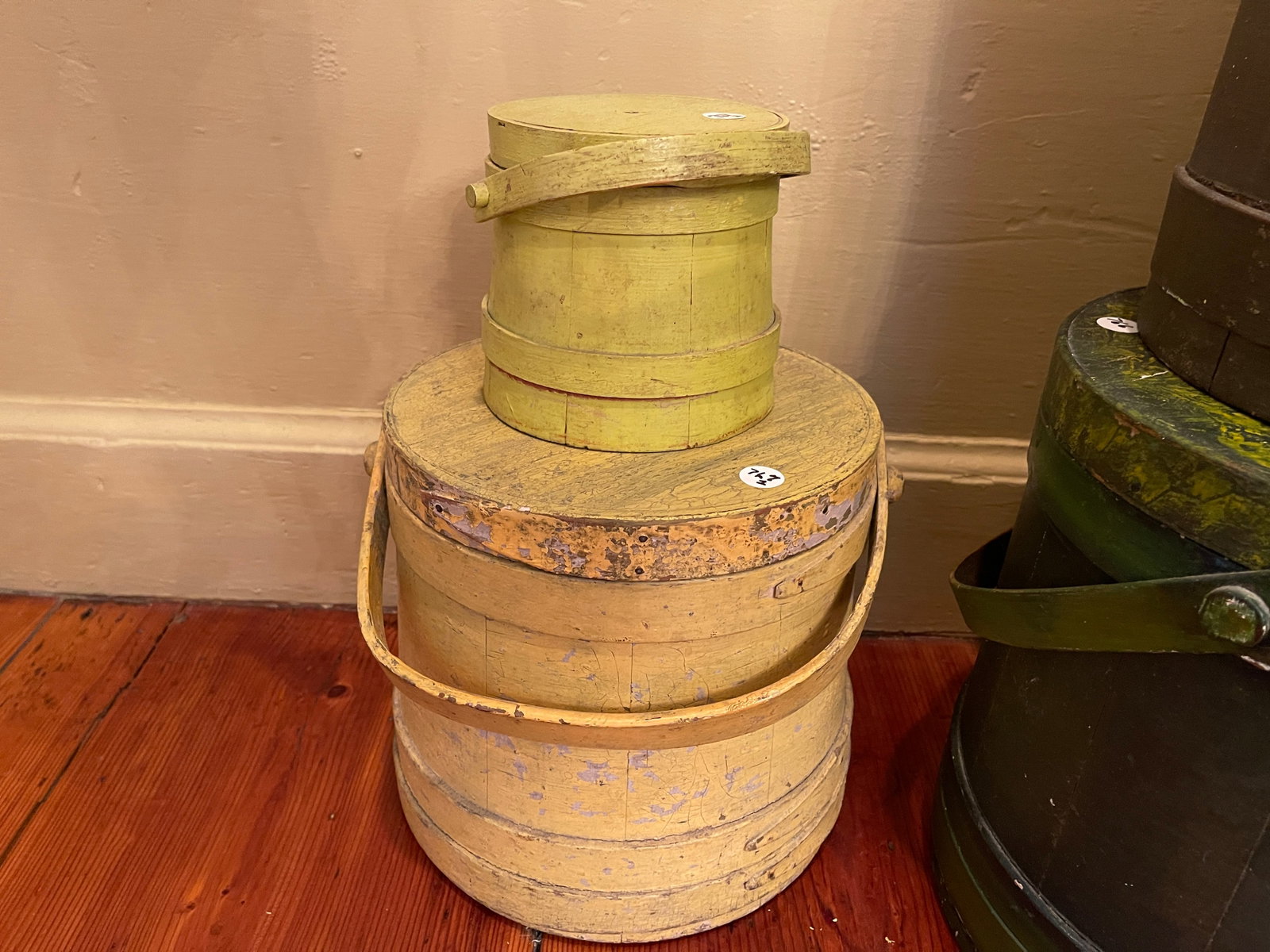 TWO PAINTED FIRKINS: TWO PAINTED FIRKINS 5"X5" , 9" X 9.5"