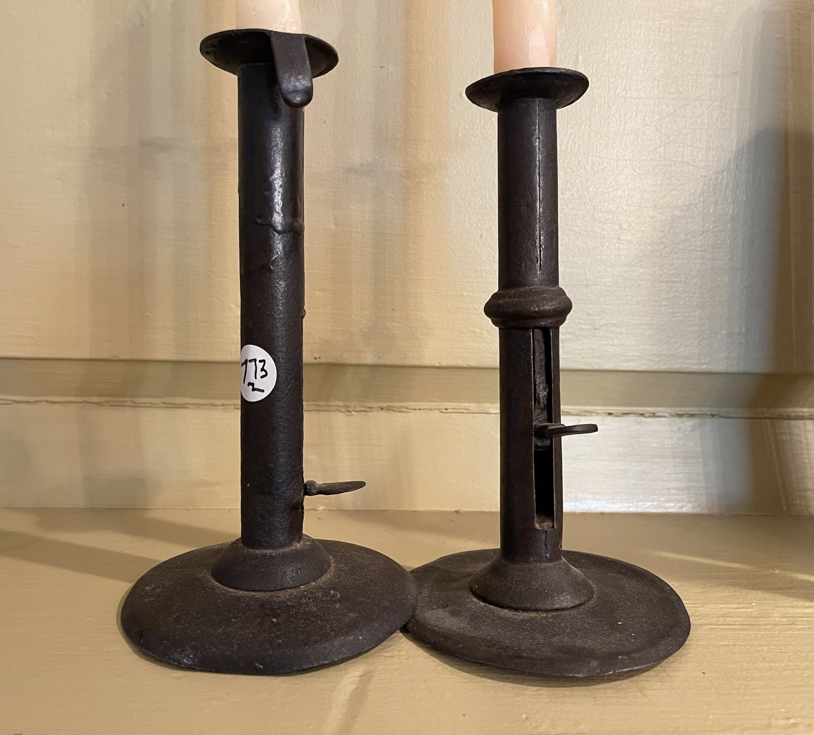 PAIR OF IRON PUSH UP CANDLESTICKS: PAIR OF IRON PUSH UP CANDLESTICKS 7"