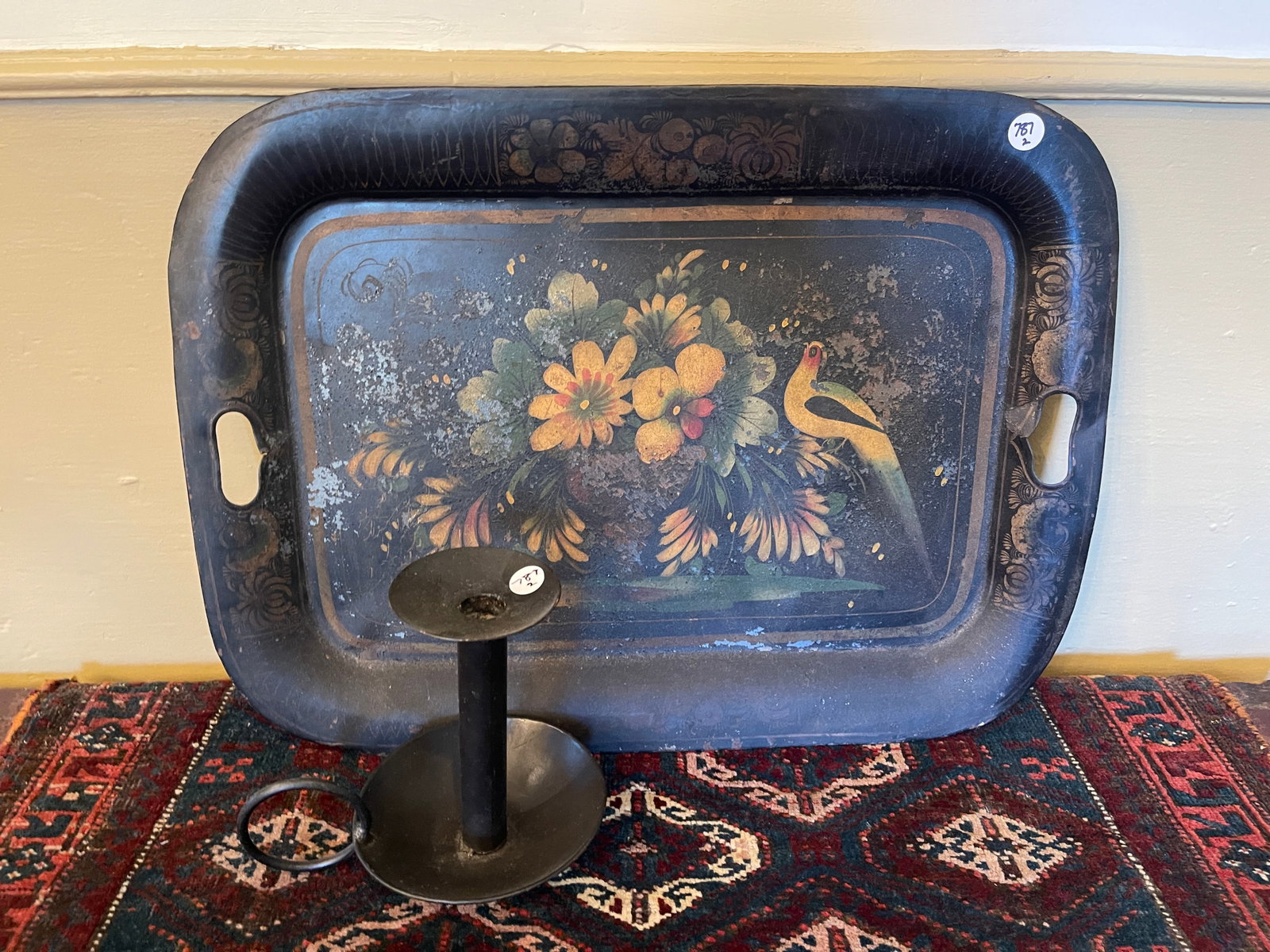 PAINT TOLE TRAY & IRON CANDLE DISH: PAINT TOLE TRAY 20" X 15" & IRON CANDLE DISH 6.5"