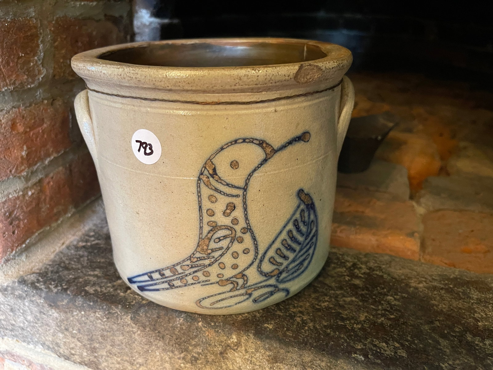19TH C STONEWARE JUG W/BIRD: 19TH C STONEWARE JUG W/BIRD 6" X 7"