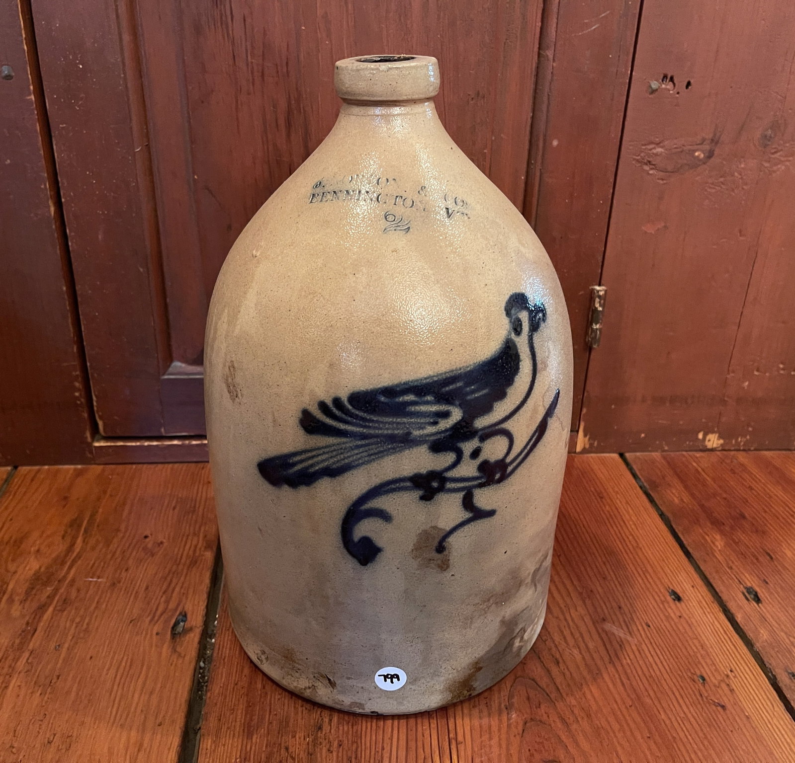 BENNINGTON VERMONT STONEWARE JUG WITH BIRD: BENNINGTON VERMONT STONEWARE JUG WITH BIRD 14"