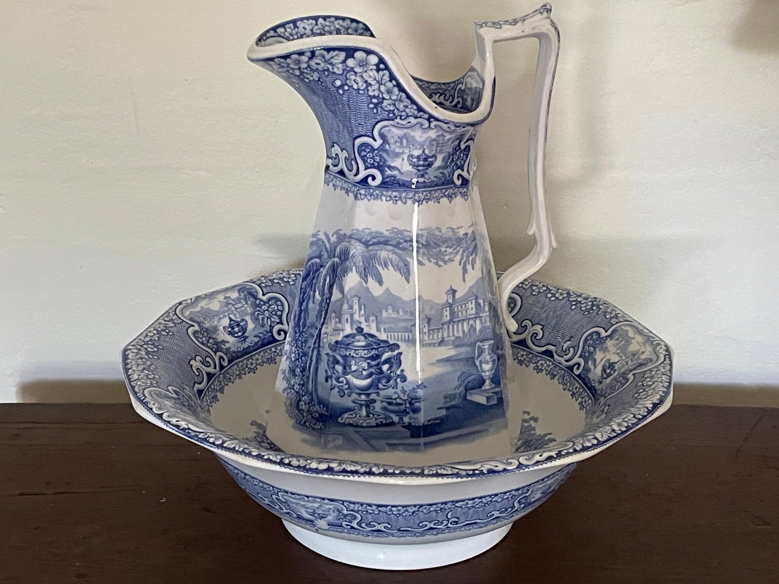 STAFFORDSHIRE PITCHER & BOWL: STAFFORDSHIRE PITCHER 12" TALL PITCHER & BOWL 15" BOWL