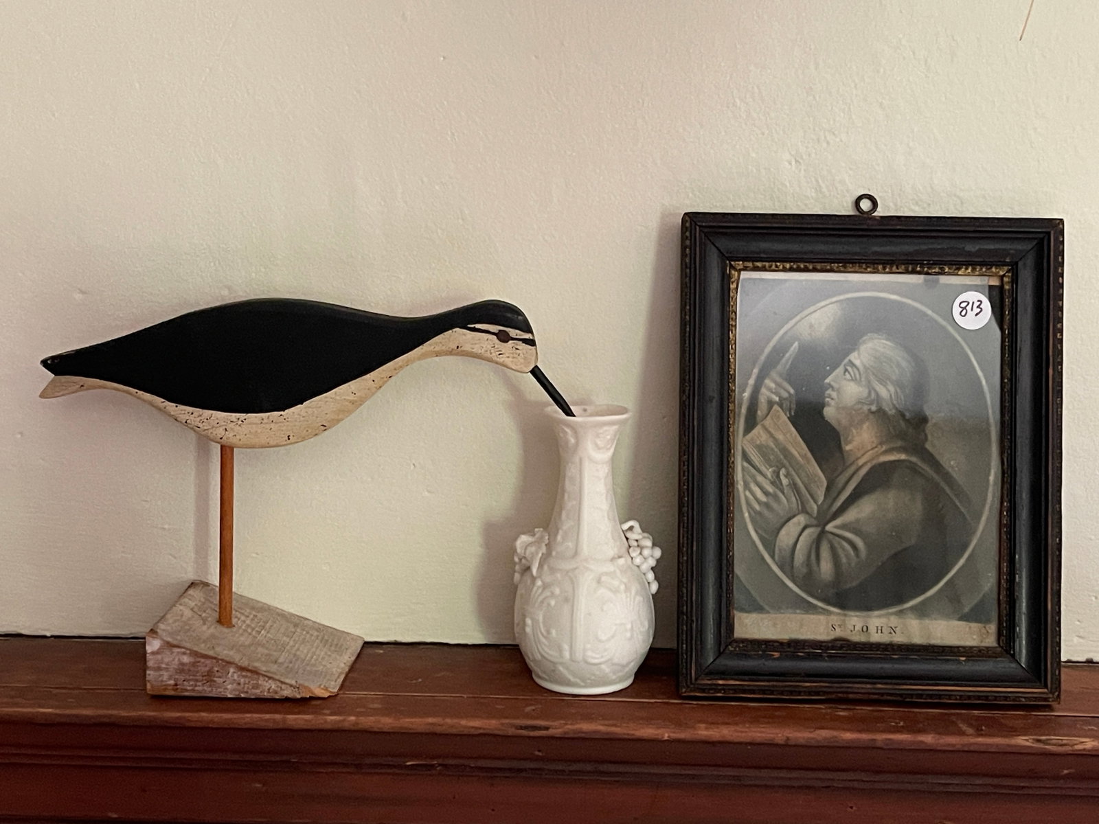 GROUPING ITEMS: SHORE BIRD 10" , ST JOHN IN FRAME 7" X 9" & VASE 6"