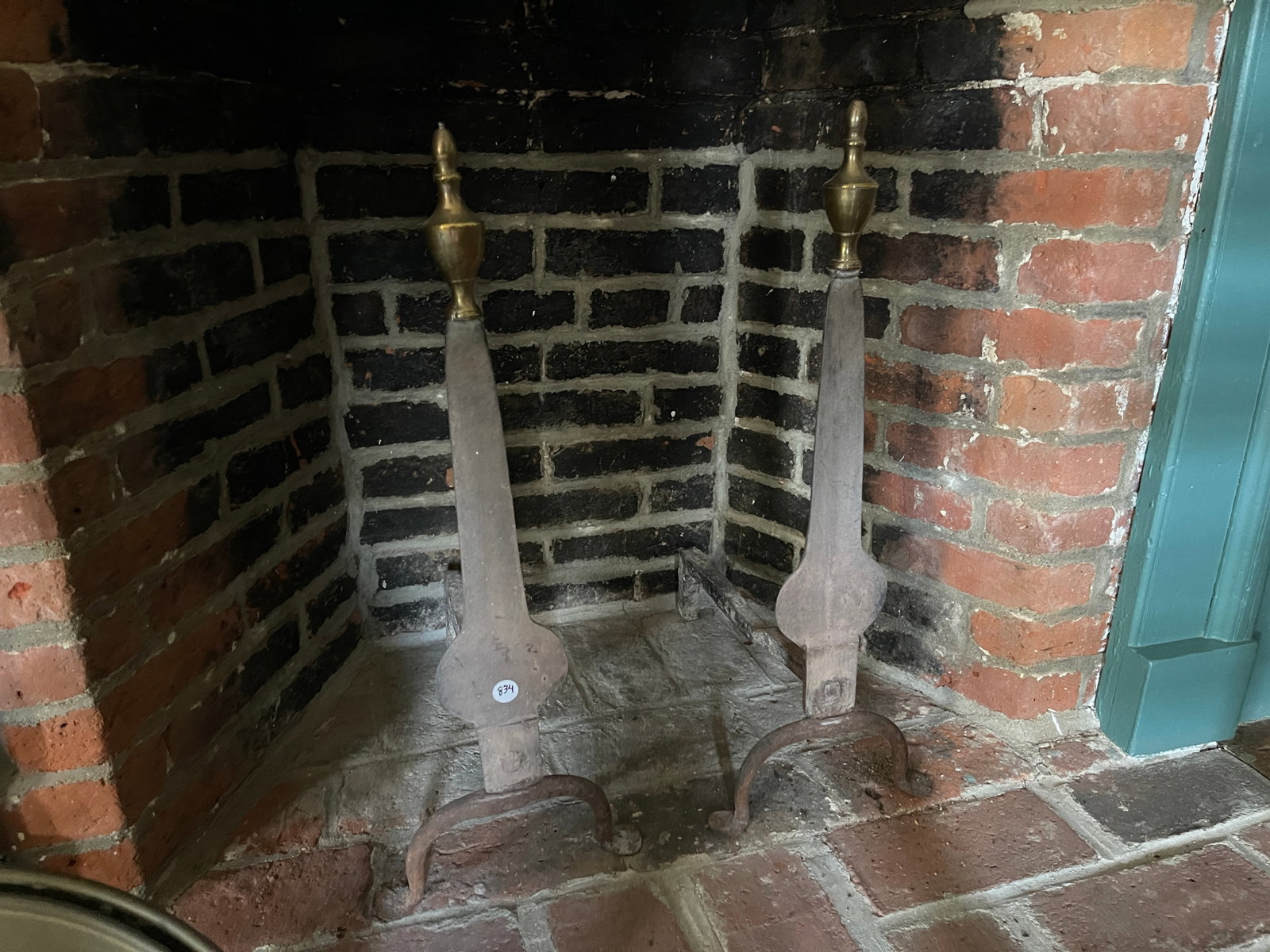 KNIFE BLADE ANDIRONS & BED WARMER: KNIFE BLADE ANDIRONS 8" W X 23"T & BED WARMER 44"