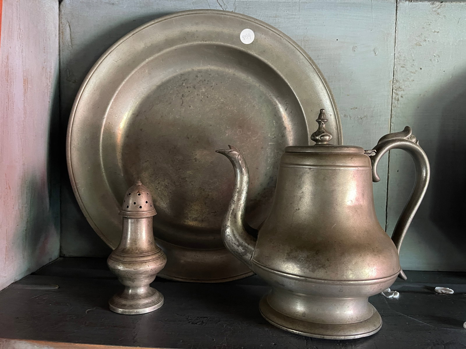 PEWTER CHARGER, TEAPOT AND SALTS: PEWTER CHARGER, TEAPOT AND SALTS