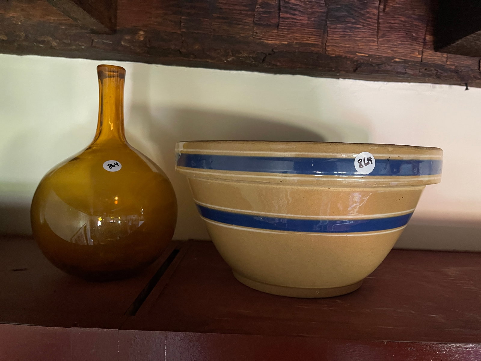 BANDED YELLOW WARE BOWL , AMBER BOTTLE: BANDED YELLOW WARE BOWL , AMBER BOTTLE