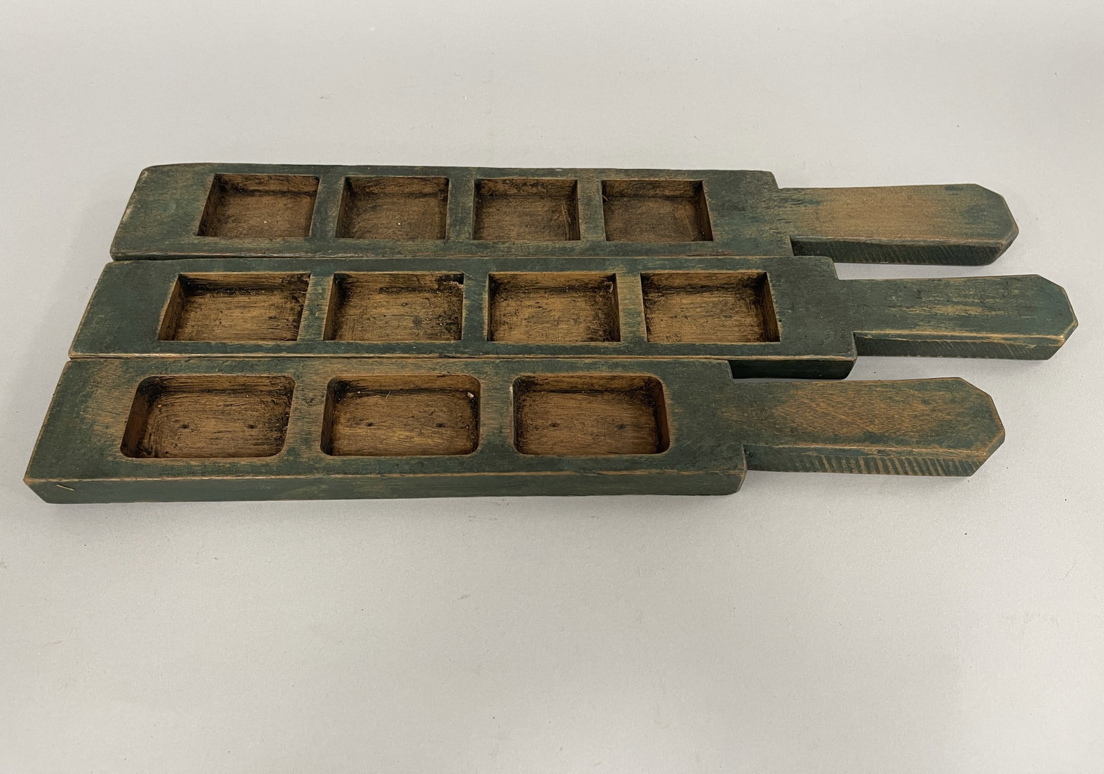 GREEN PAINTED FOOD MOLDS: THREE UNUSUAL GREEN PAINTED FOOD MOLDS