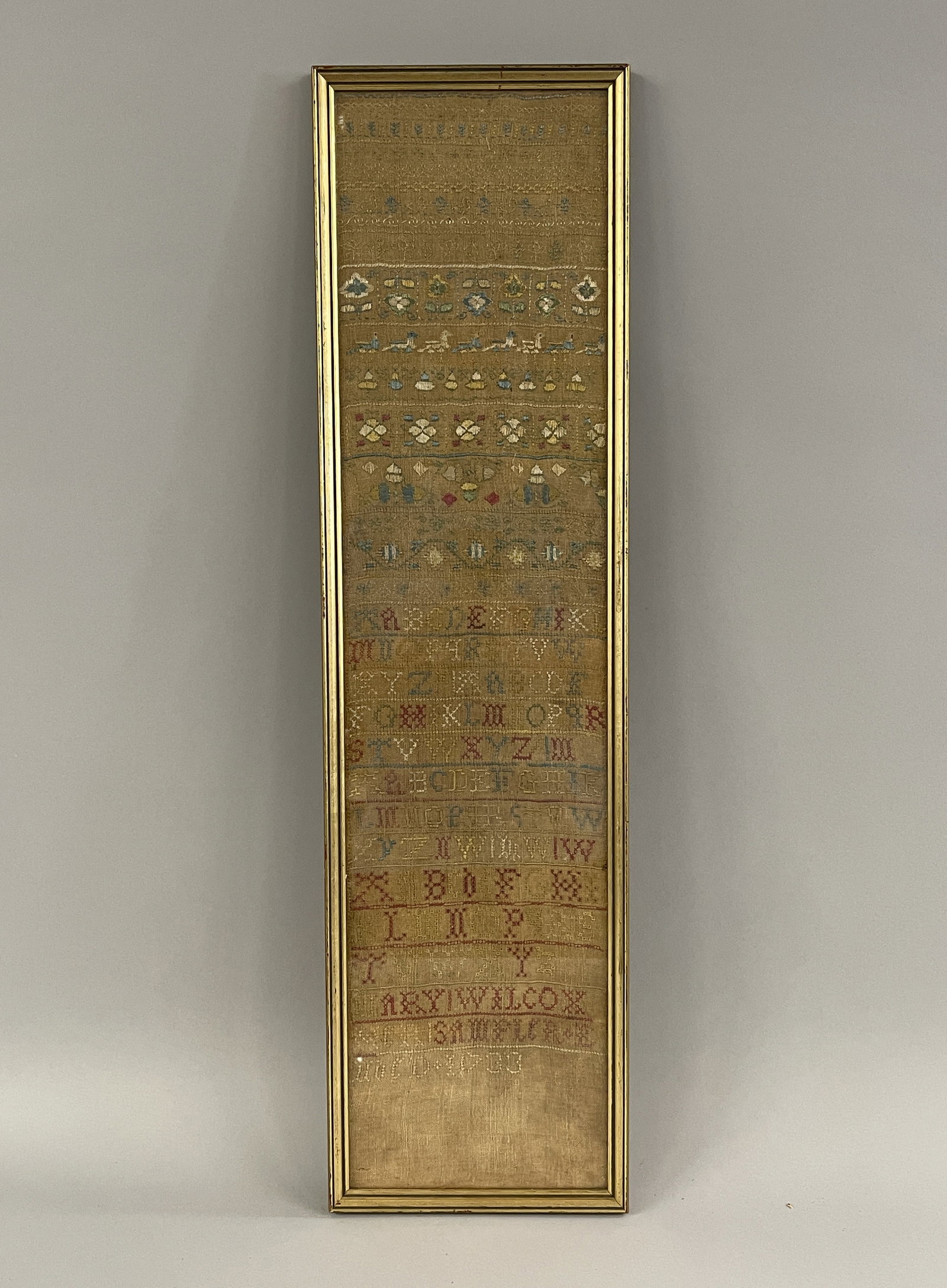 EARLY AMERICAN TALL SAMPLER IN SEVERAL GREAT COLORS DATED 1700'S (1 of 6)