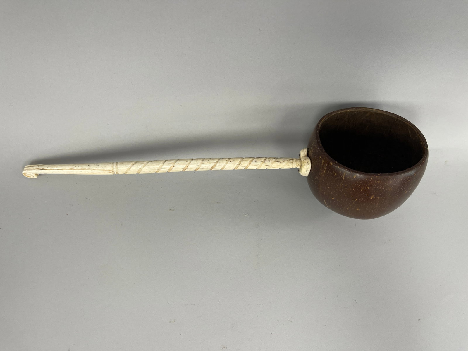 COCONUT NAUTICAL DIPPER W/WHALEBNE HANDLE TERMINATED W/HEART SHAPED ATTCHMENT AND CARVED FINIAL: COCONUT NAUTICAL DIPPER W/WHALEBNE HANDLE TERMINATED W/HEART SHAPED ATTCHMENT AND CARVED FINIAL