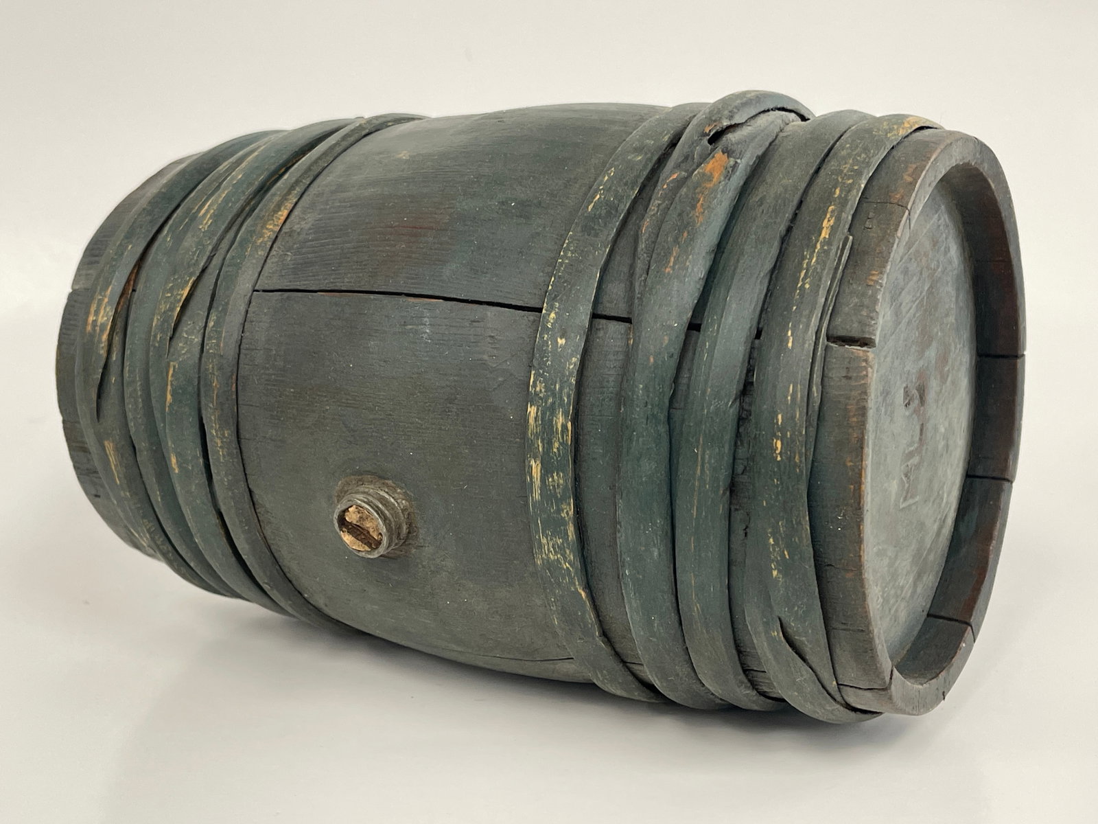 18TH C AMERICAN STAVED WOODEN BARREL W/ WOODEN BANDS IN PRUSSIAN BLUE (1 of 6)