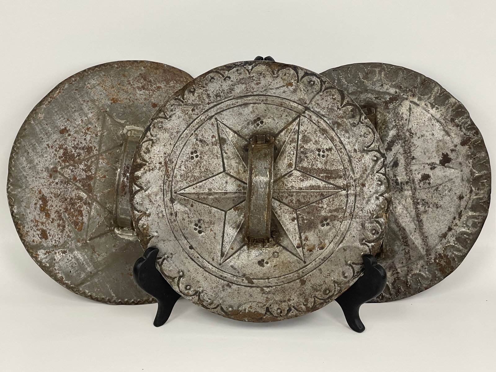 3 EARLY EMBOSSED TIN POT OR CROCK LIDS (1 of 2)
