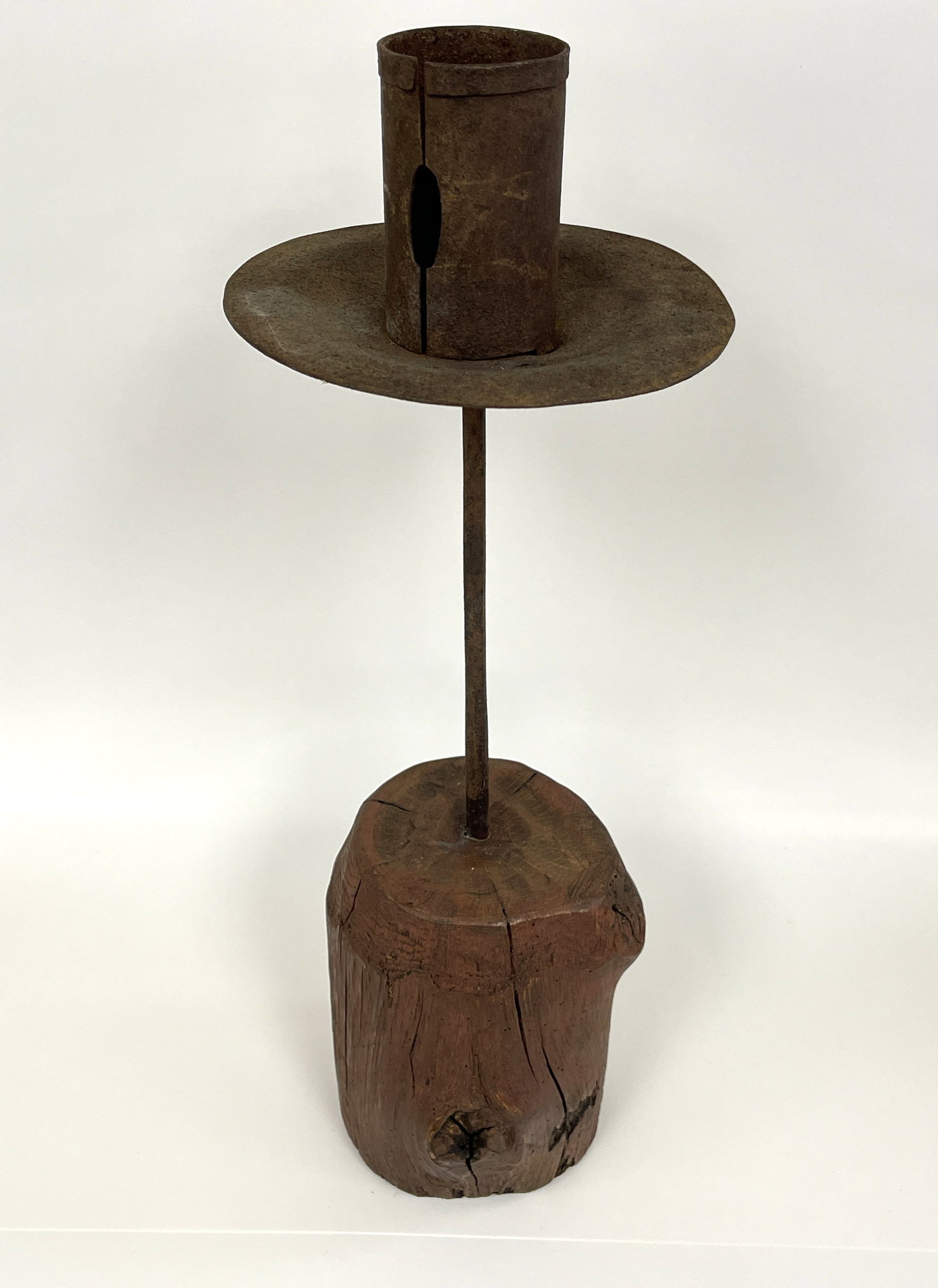 EARLY WOODEN BASE CANDLE HOLDER PAINTED RED W/ SHEET IRON SOCKET & DRIP TRAY (1 of 3)