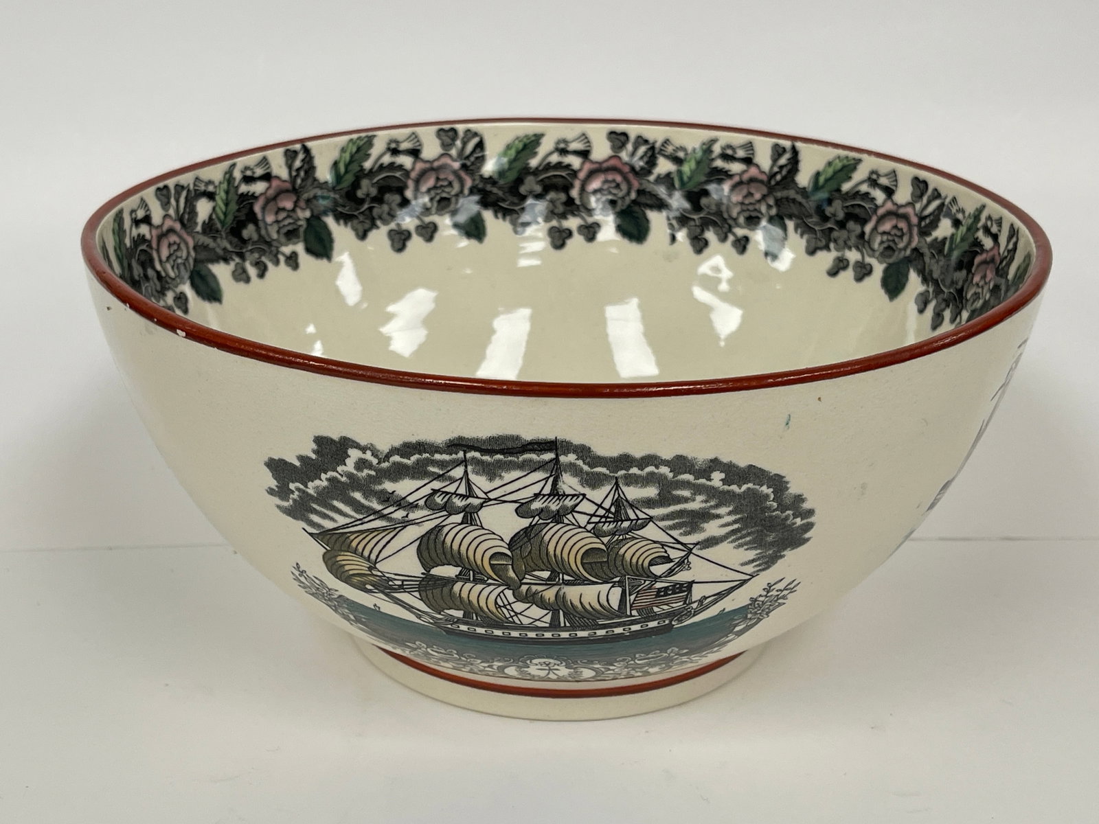 NAUTICAL CERAMIC GROG BOWL W/ AMERICAN SHIP & NAUTICAL MOTIFS (1 of 6)