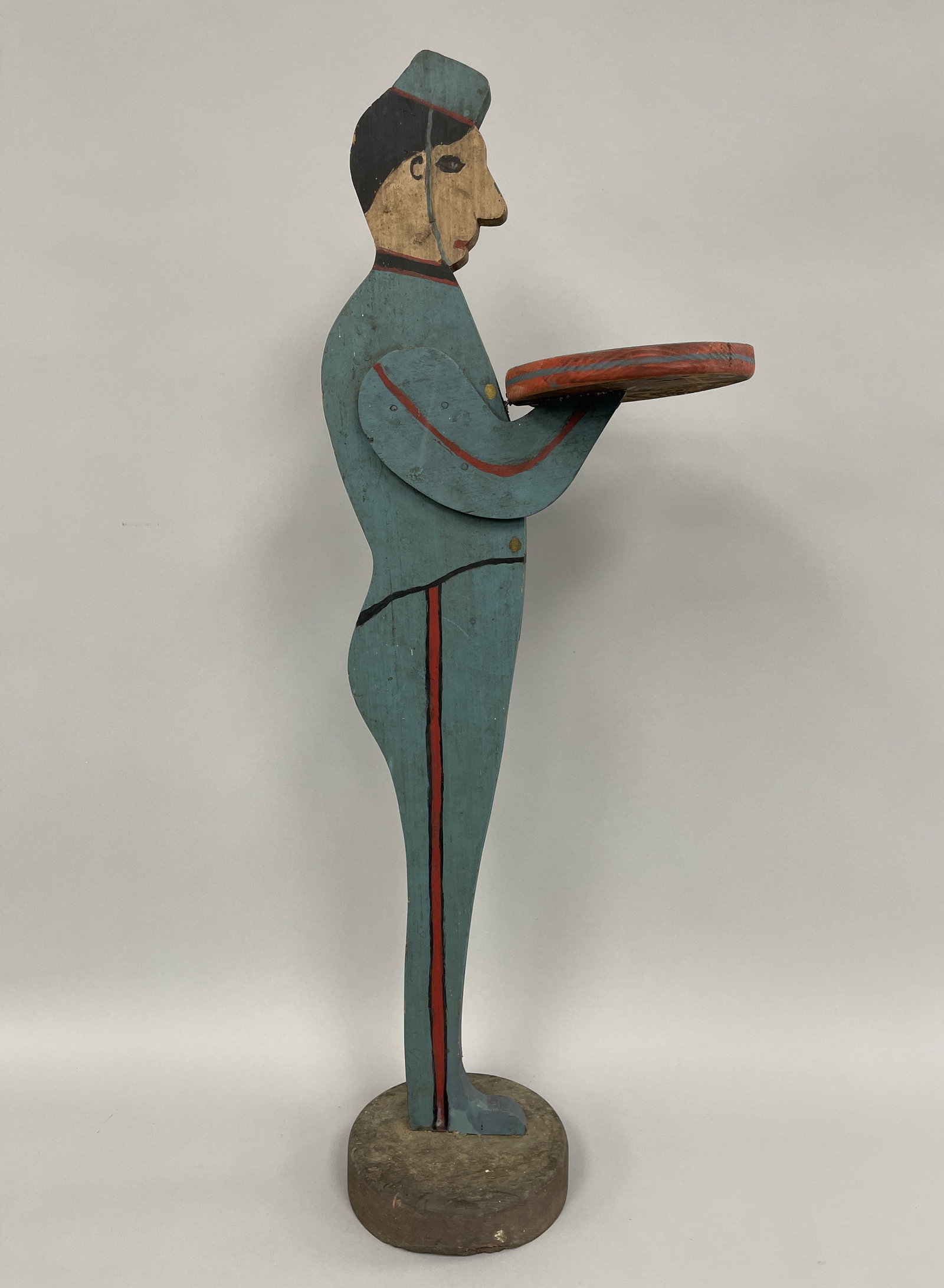 WOODEN BELLHOP DUMBWAITER SERVING FIGURE IN ORIGINAL POLYCHROME FINISH: WOODEN BELLHOP DUMBWAITER SERVING FIGURE IN ORIGINAL POLYCHROME FINISH