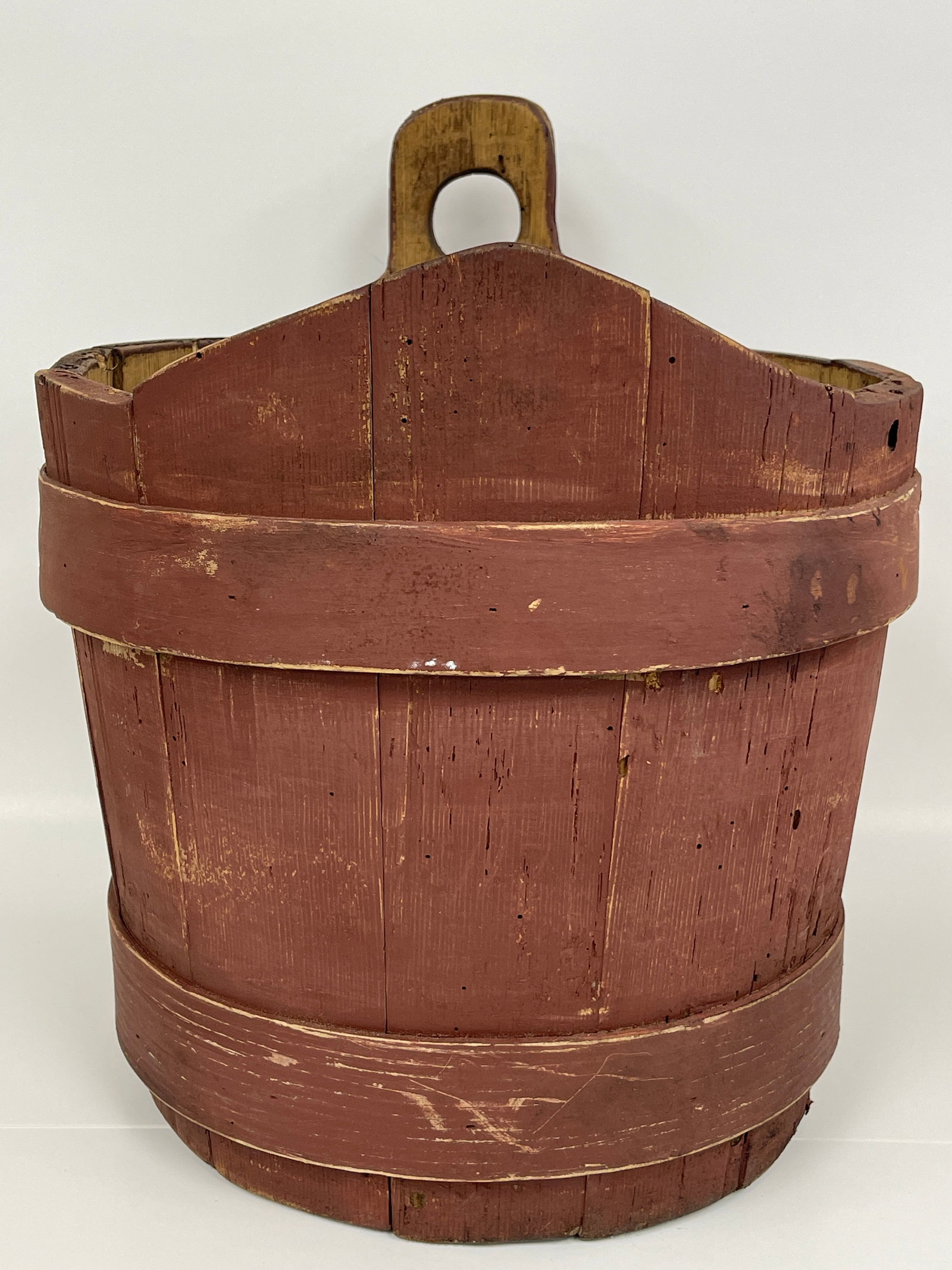 LARGE RED WOODEN STAVED BUCKET W/ HANGER HOLE: LARGE RED WOODEN STAVED BUCKET W/ HANGER HOLE