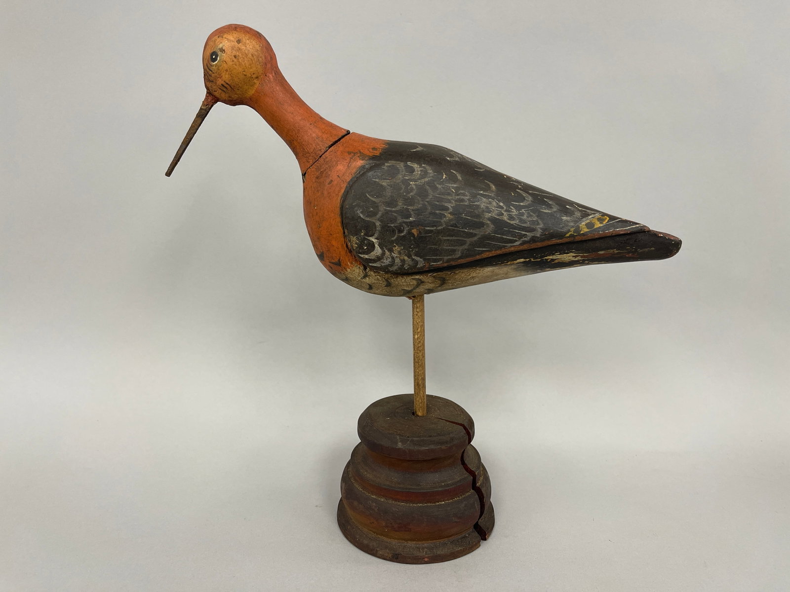 VERY RARE ORANGE COLORED SHORE BIRD DECOY W/ FORGED IRON BEAK & WOODEN STAND (1 of 3)