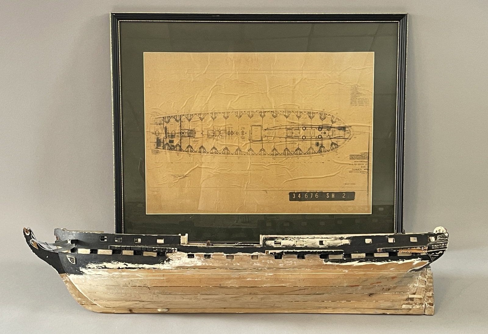 LARGE ATTIC-FOUND HULL OF THE USS CONSTITUTION W/ FRAMED SCHEMATIC PRINT OF GUN DECK (1 of 4)
