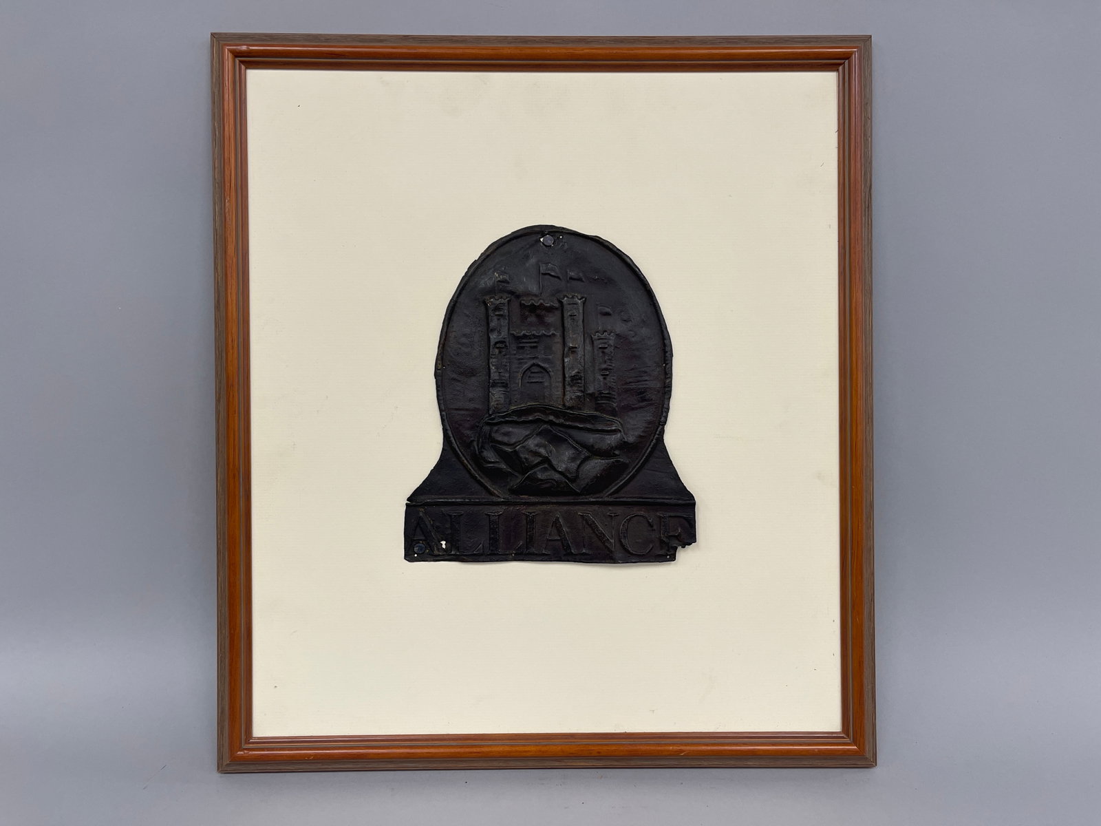 SHEET IRON INSURANCE FIRE MARK "ALLIANCE" IN DECORATIVE FRAME: SHEET IRON INSURANCE FIRE MARK "ALLIANCE" IN DECORATIVE FRAME