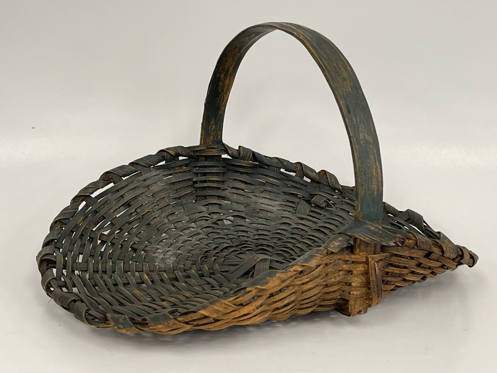 ANTIQUE CHILD'S FLOWER BASKET IN BEAUTIFUL BLUE PAINT: ANTIQUE CHILD'S FLOWER BASKET IN BEAUTIFUL BLUE PAINT