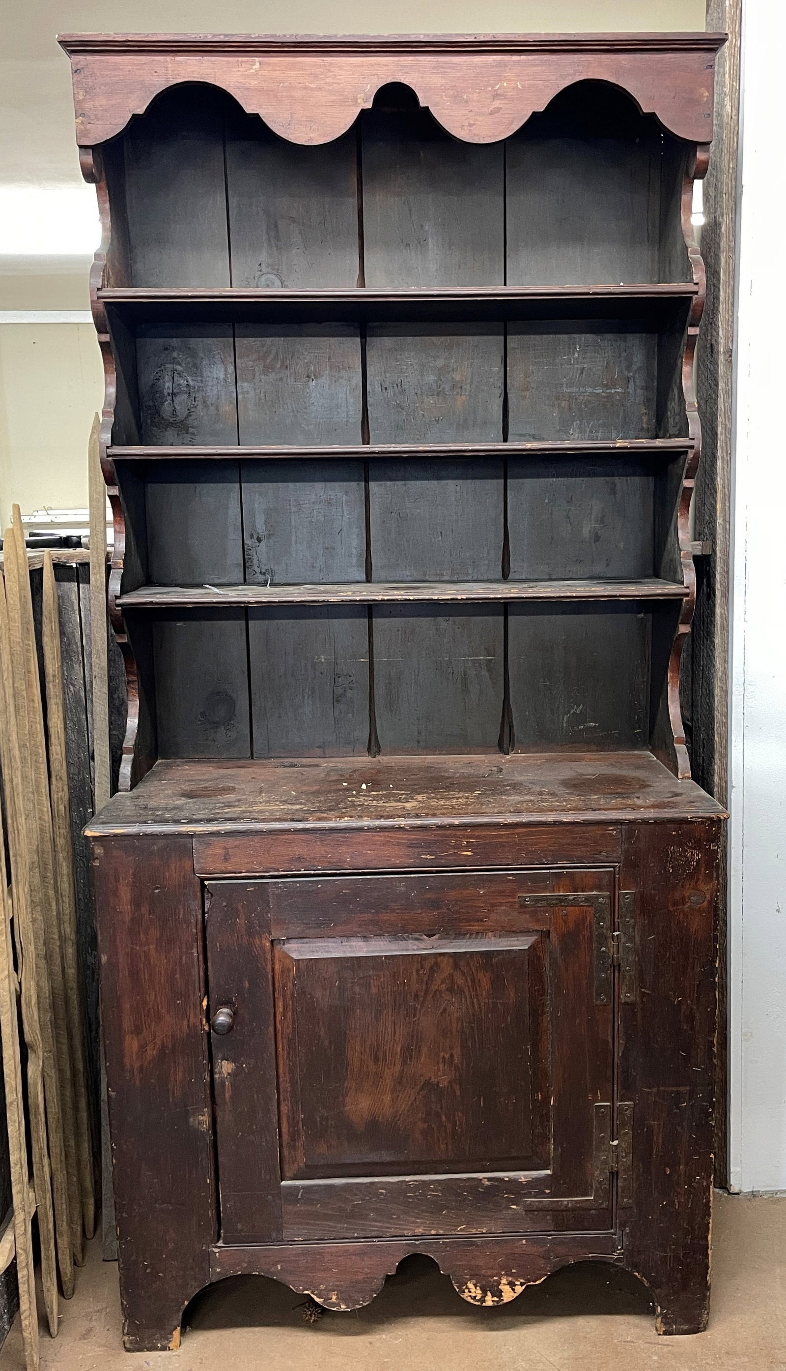 EARLY OPEN TOP STEPBACK CUPBOARD: EARLY OPEN TOP STEPBACK CUPBOARD WITH BOTTOM RAISED PANEL DOORS, OLD SURFACE, 38 X 16 X 84