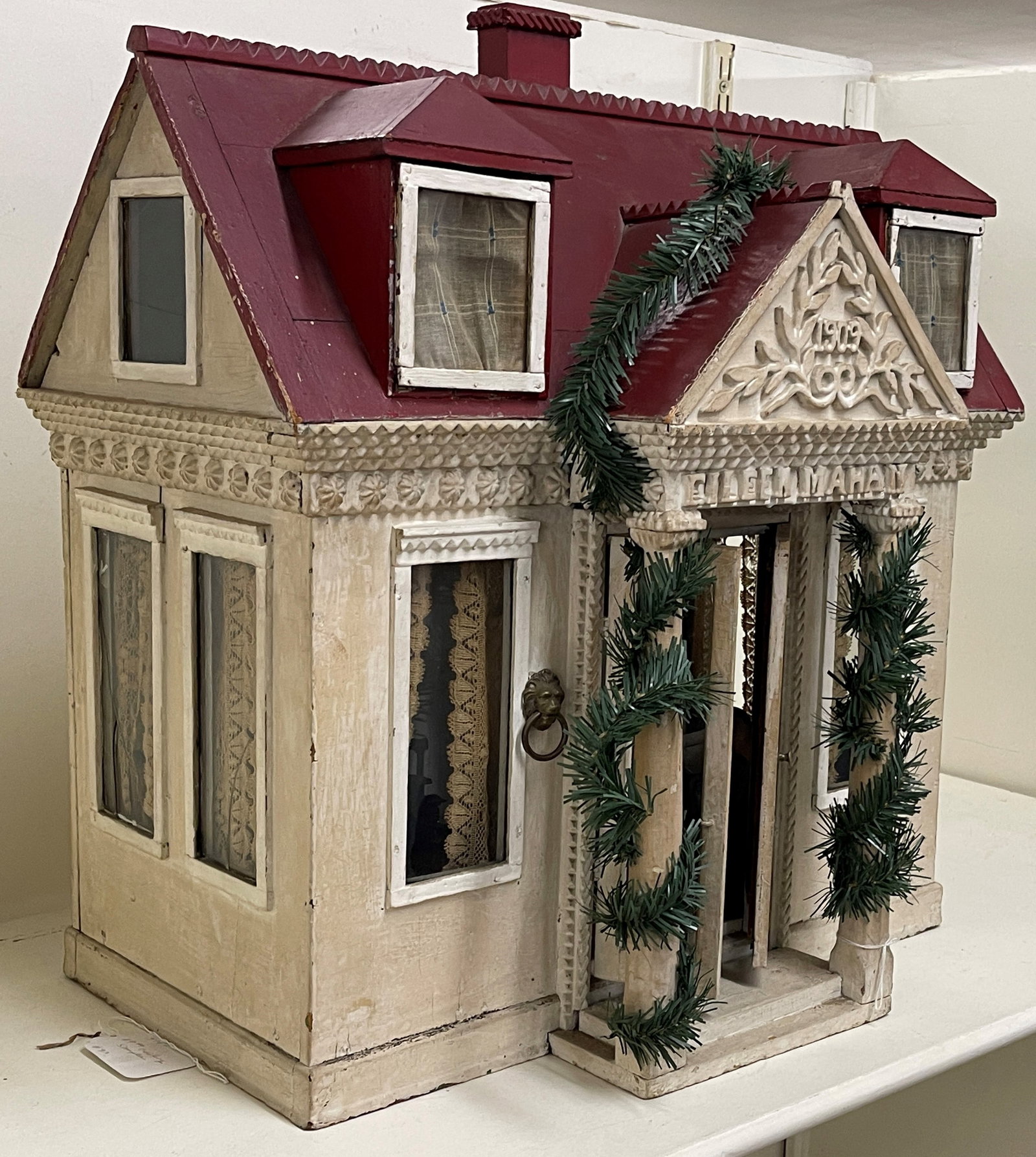 FOLK ART DOLL HOUSE DATED 1909: FOLK ART DOLL HOUSE DATED 1909, EILEEN MAHAN 14 X 18 X 24
