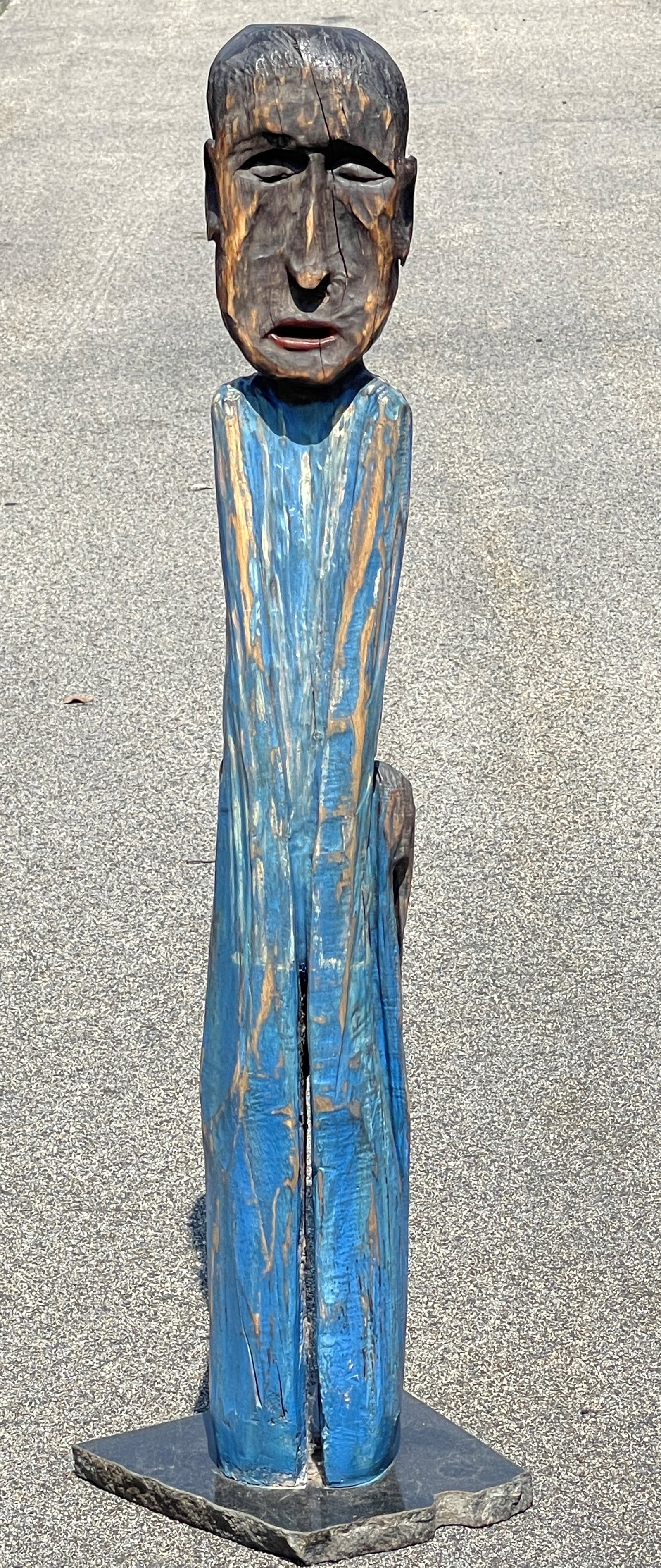 FOLK ART CARVING OF A MAN MOUNTED ON MARBLE ,CARVED PAINTED WOOD SIGN: FOLK ART CARVING OF A MAN MOUNTED ON MARBLE ,CARVED PAINTED WOOD SIGN JD 97"