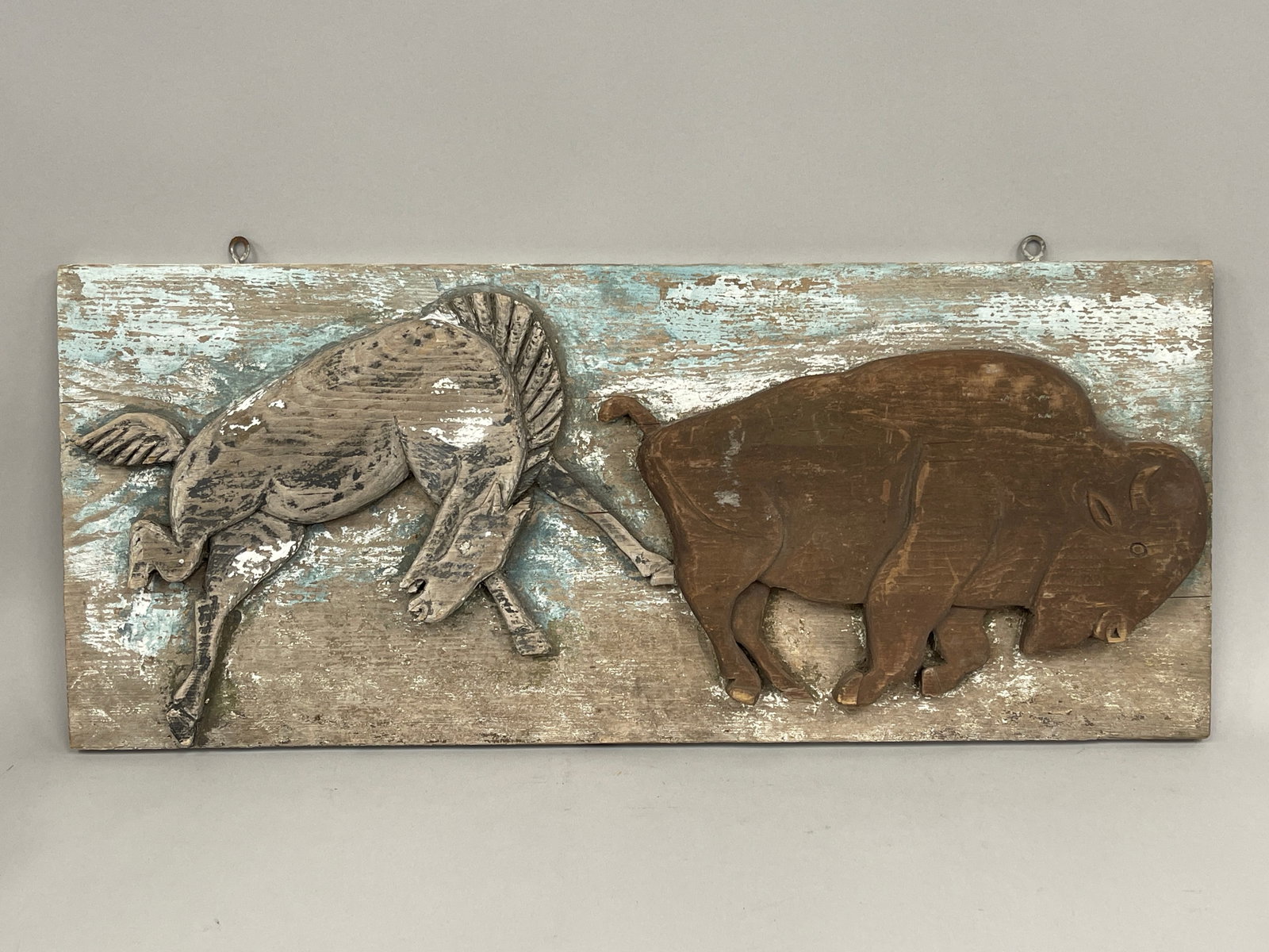 FOLK ART CARVED BUFFALO AND BRONCO MOUNTED ON WOOD (1 of 4)